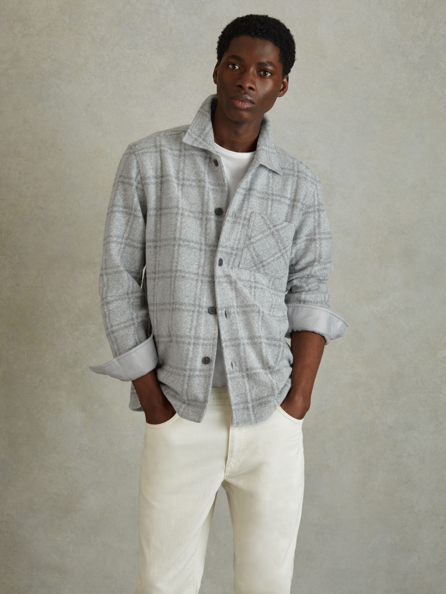 Brushed Check Overshirt in Soft Grey - Image 1 of 5