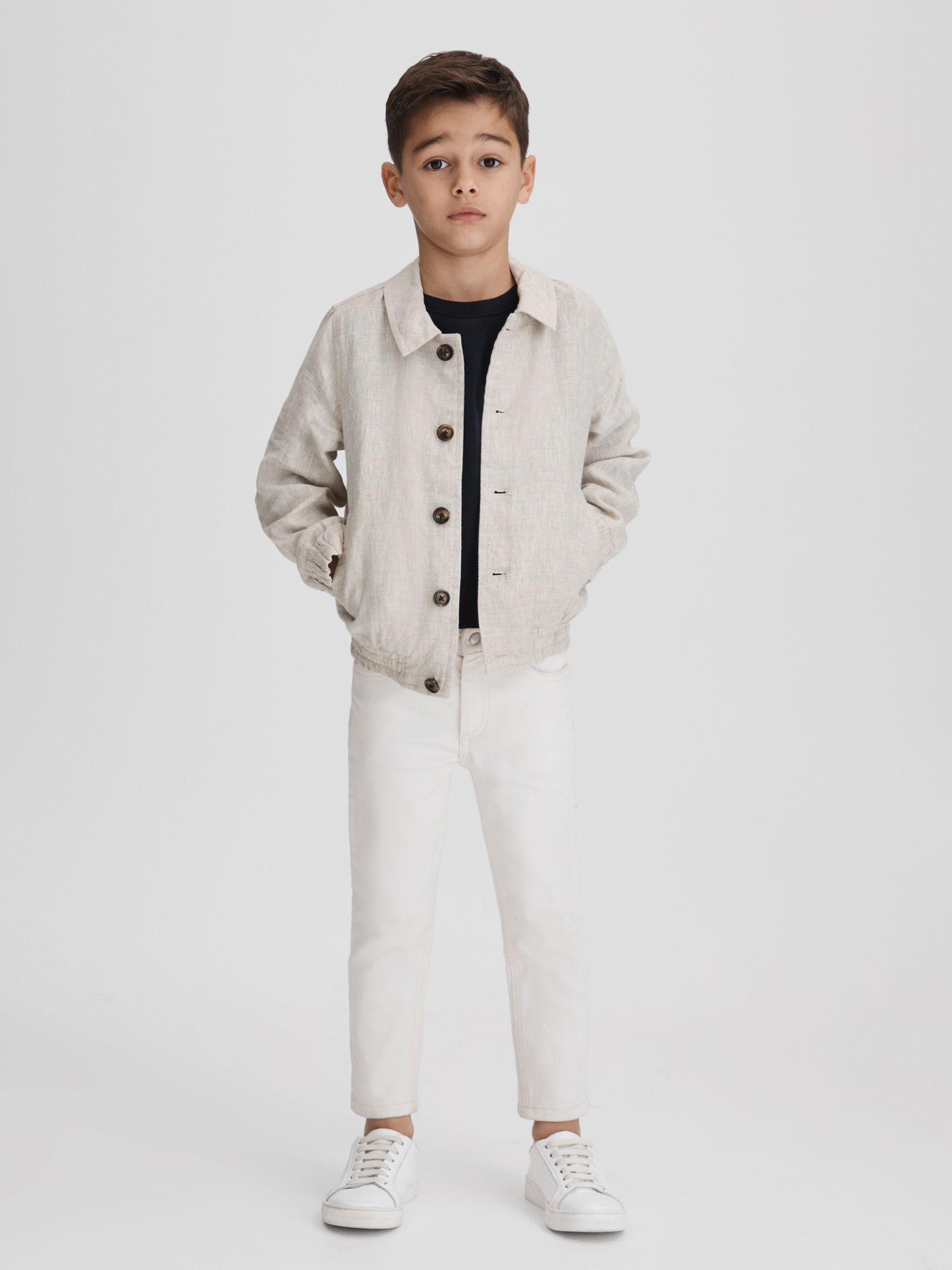 3-9 yrs Linen Elasticated Trim Bomber Jacket in Stone - Image 3 of 6