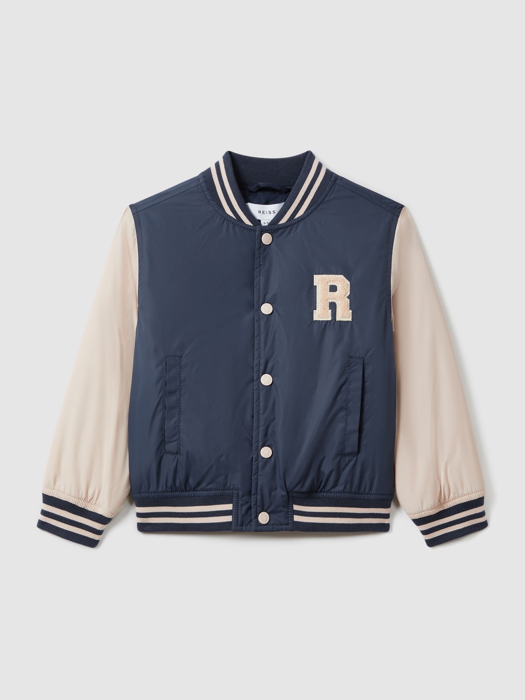 Senior Colourblock Varsity Bomber Jacket With Linen in Airforce Blue/Stone - Image 2 of 4
