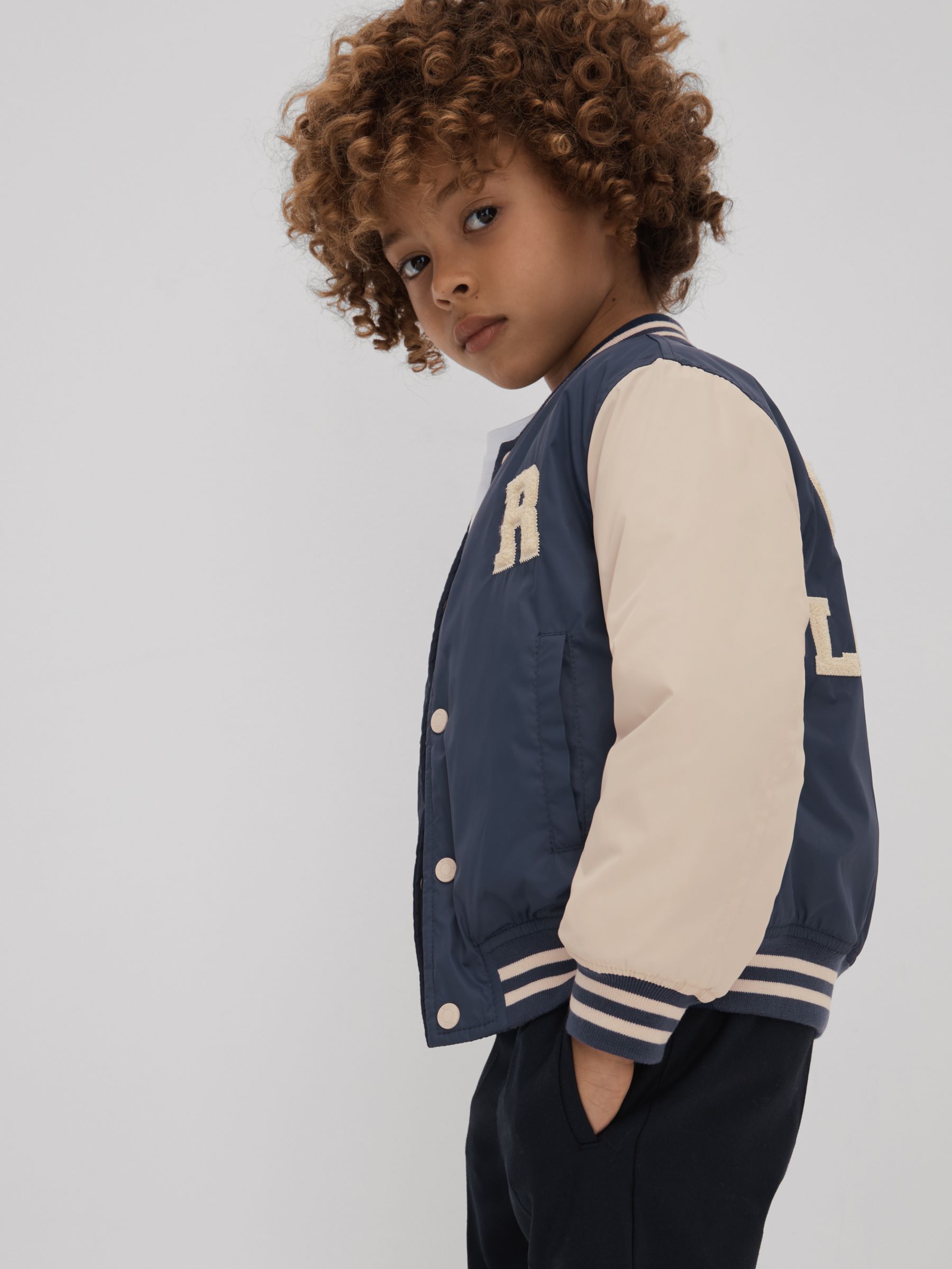 Senior Colourblock Varsity Bomber Jacket With Linen in Airforce Blue/Stone - Image 3 of 4