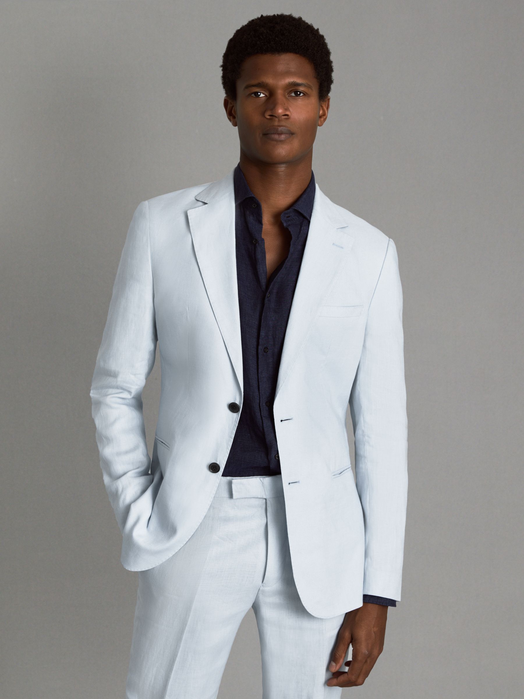 Slim Fit Single Breasted Linen Blazer in Soft Blue - Image 1 of 6