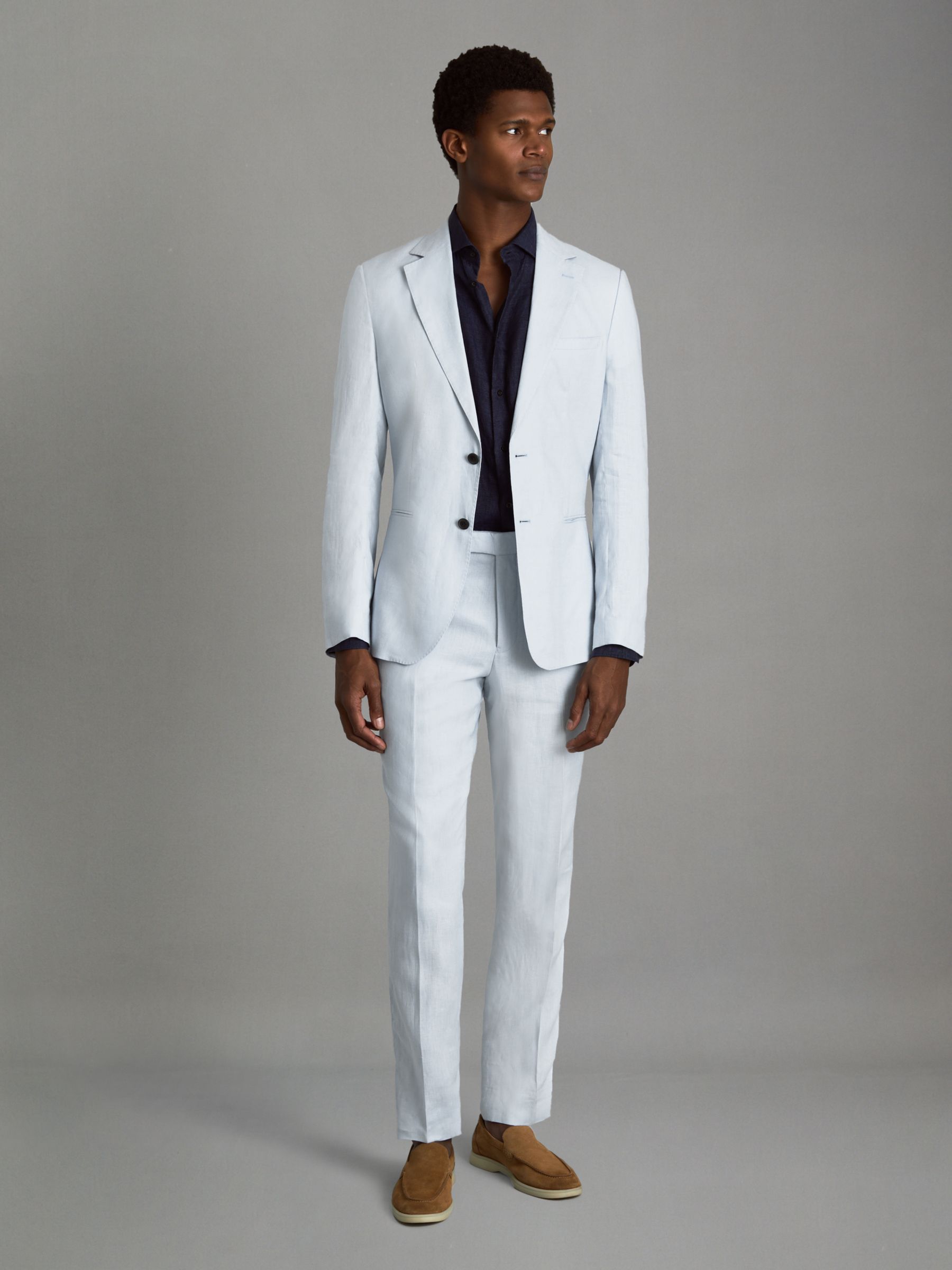 Slim Fit Single Breasted Linen Blazer in Soft Blue - Image 3 of 6