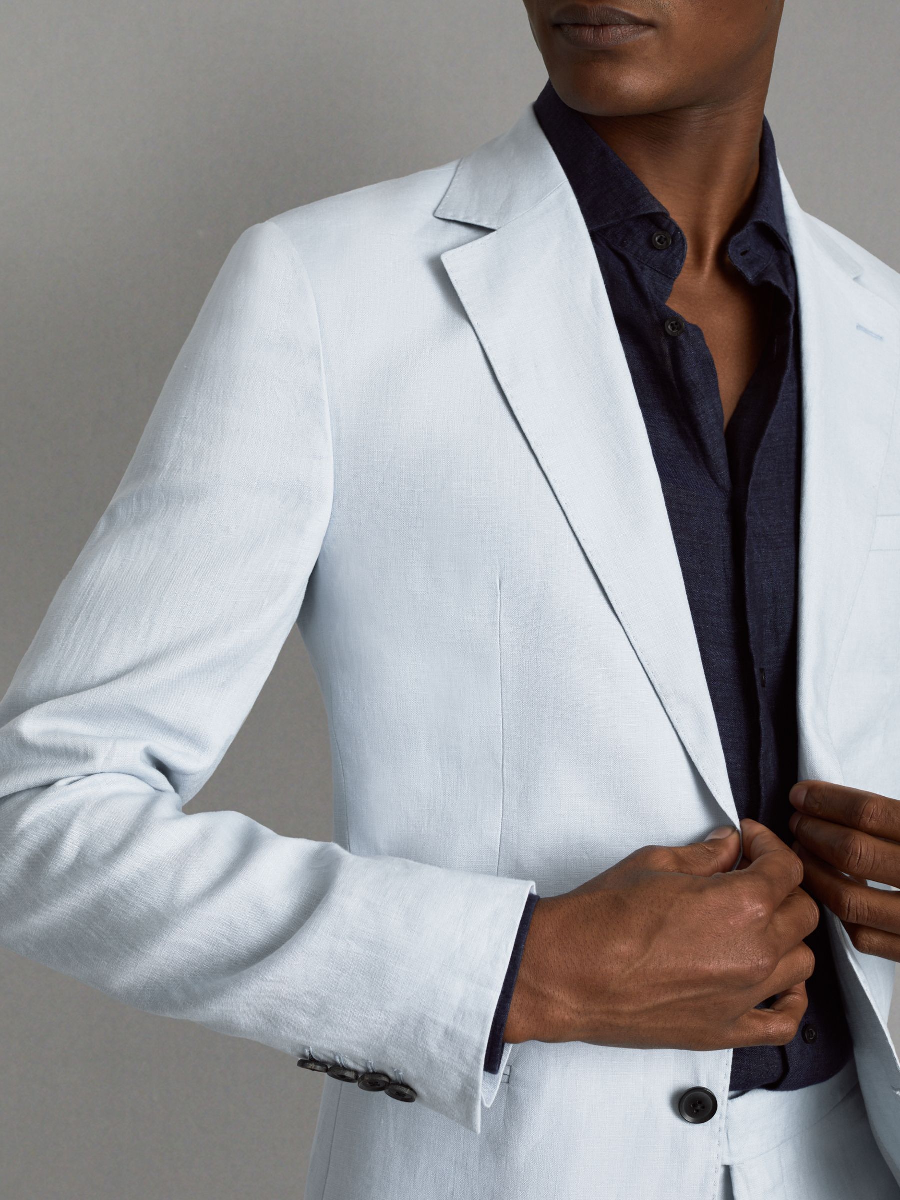 Slim Fit Single Breasted Linen Blazer in Soft Blue - Image 4 of 6