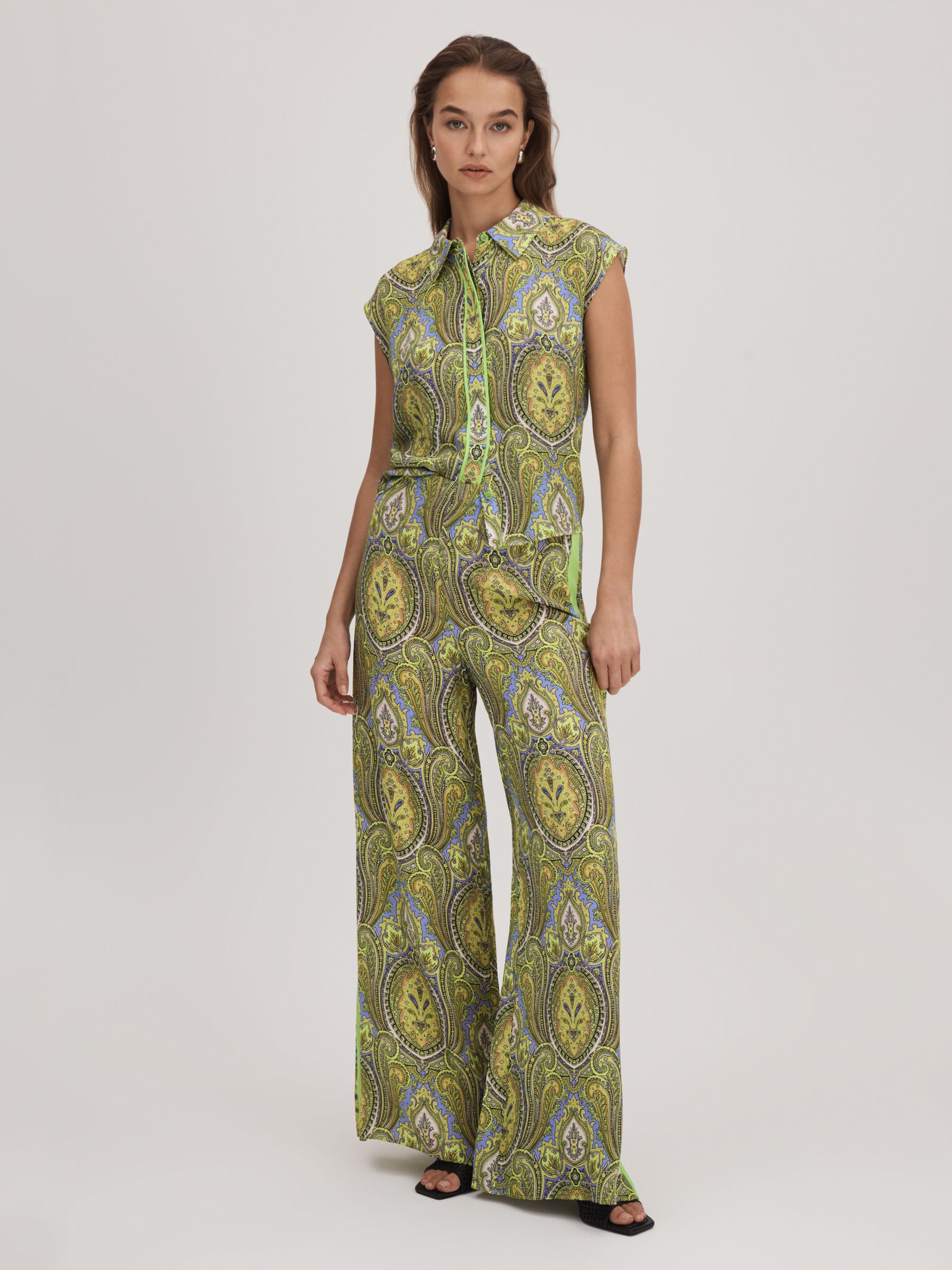 Florere Printed Wide Leg Trousers in Lime/Green - Image 1 of 6 Florere Printed Wide Leg Trousers in Lime/Green - Image 1 of 6