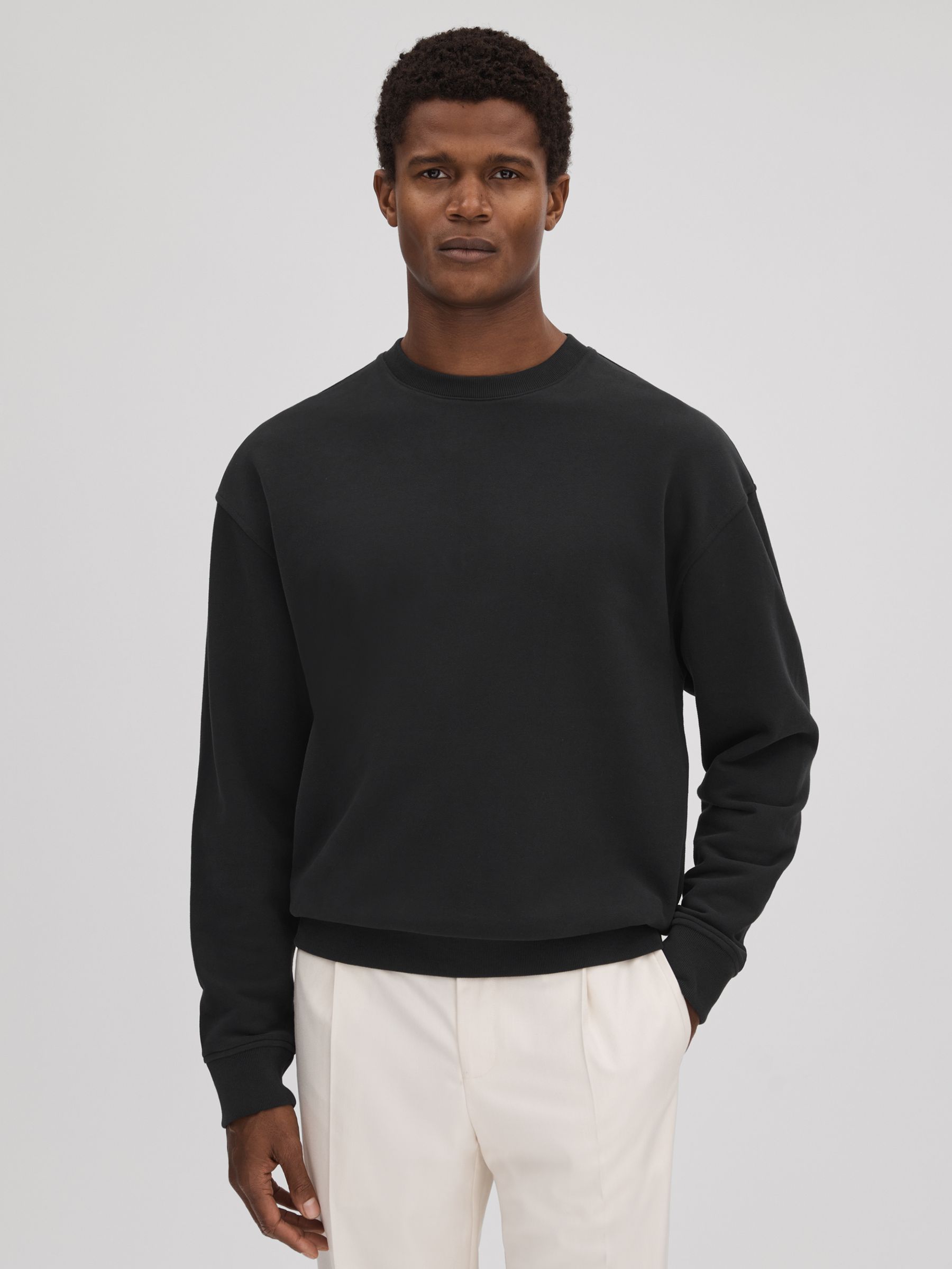Reiss Cotton Crew Neck Sweatshirt in Washed Black - REISS