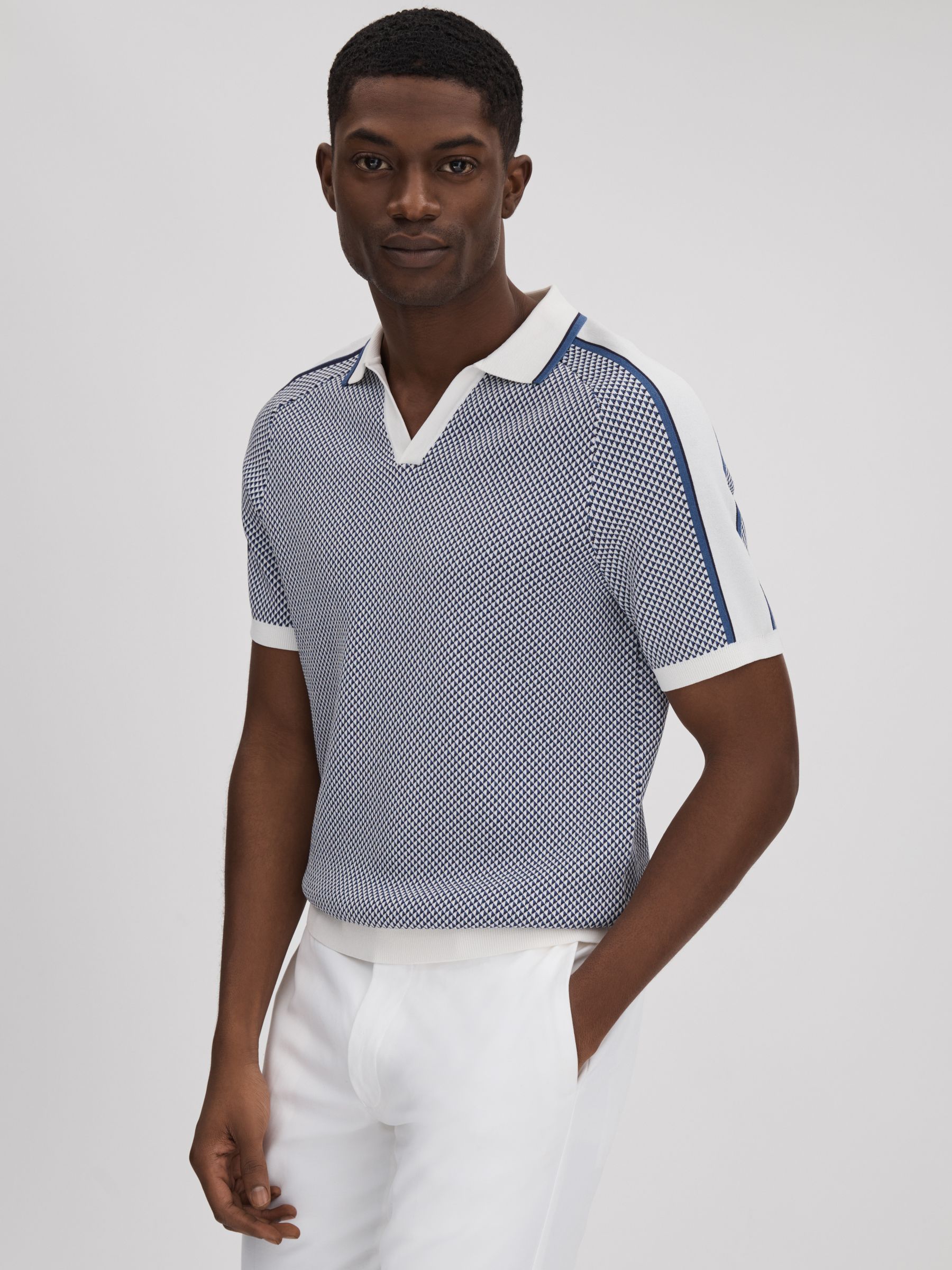 Geometric Design Open-Collar Shirt in Airforce Blue - Image 1 of 6