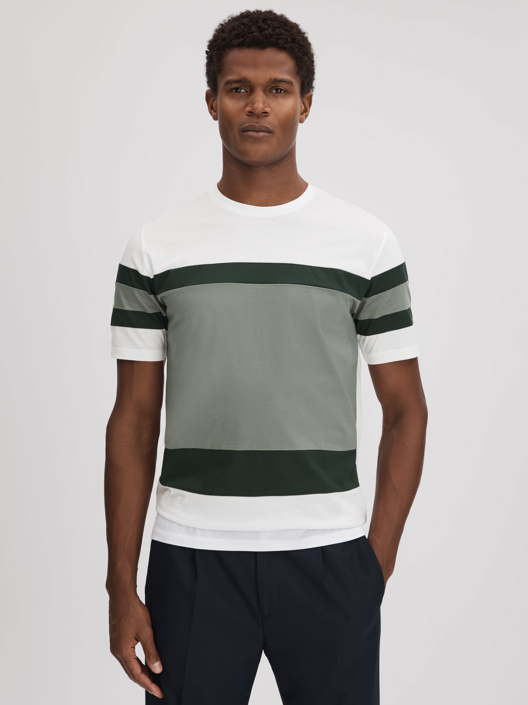 Mercerised Cotton Crew Neck T-Shirt in Sage Multi - Image 1 of 6