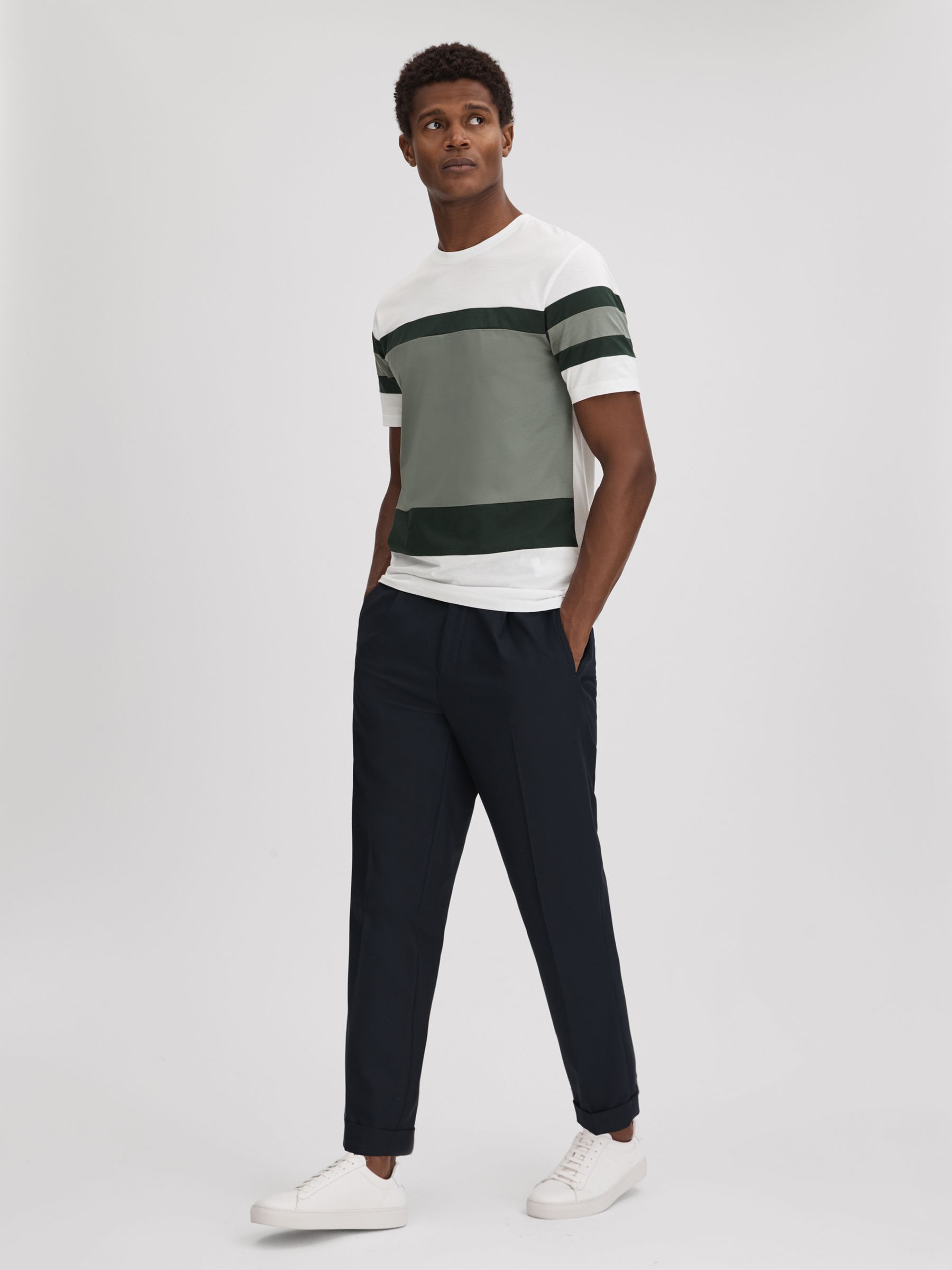Mercerised Cotton Crew Neck T-Shirt in Sage Multi - Image 3 of 6