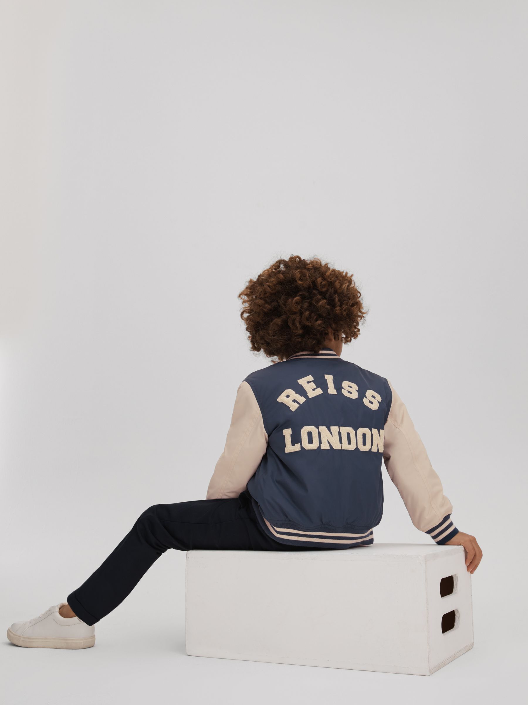 3-9 yrs Colourblock Varsity Bomber Jacket With Linen in Green/Stone - Image 3 of 4