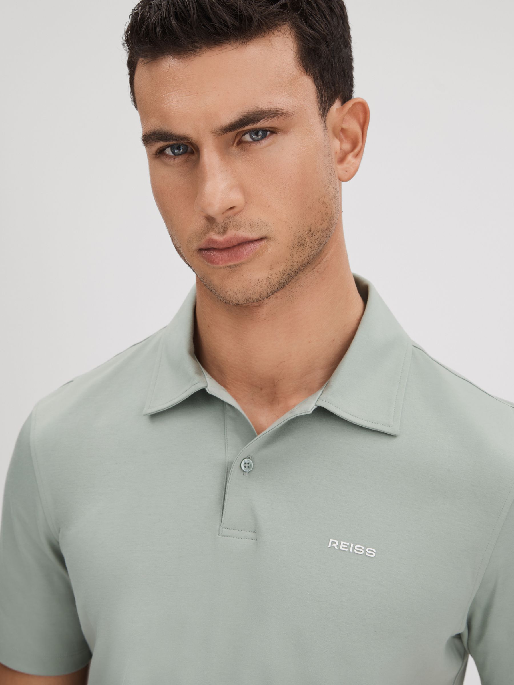 Slim Fit Cotton Polo Shirt in Sage - Image 4 of 6