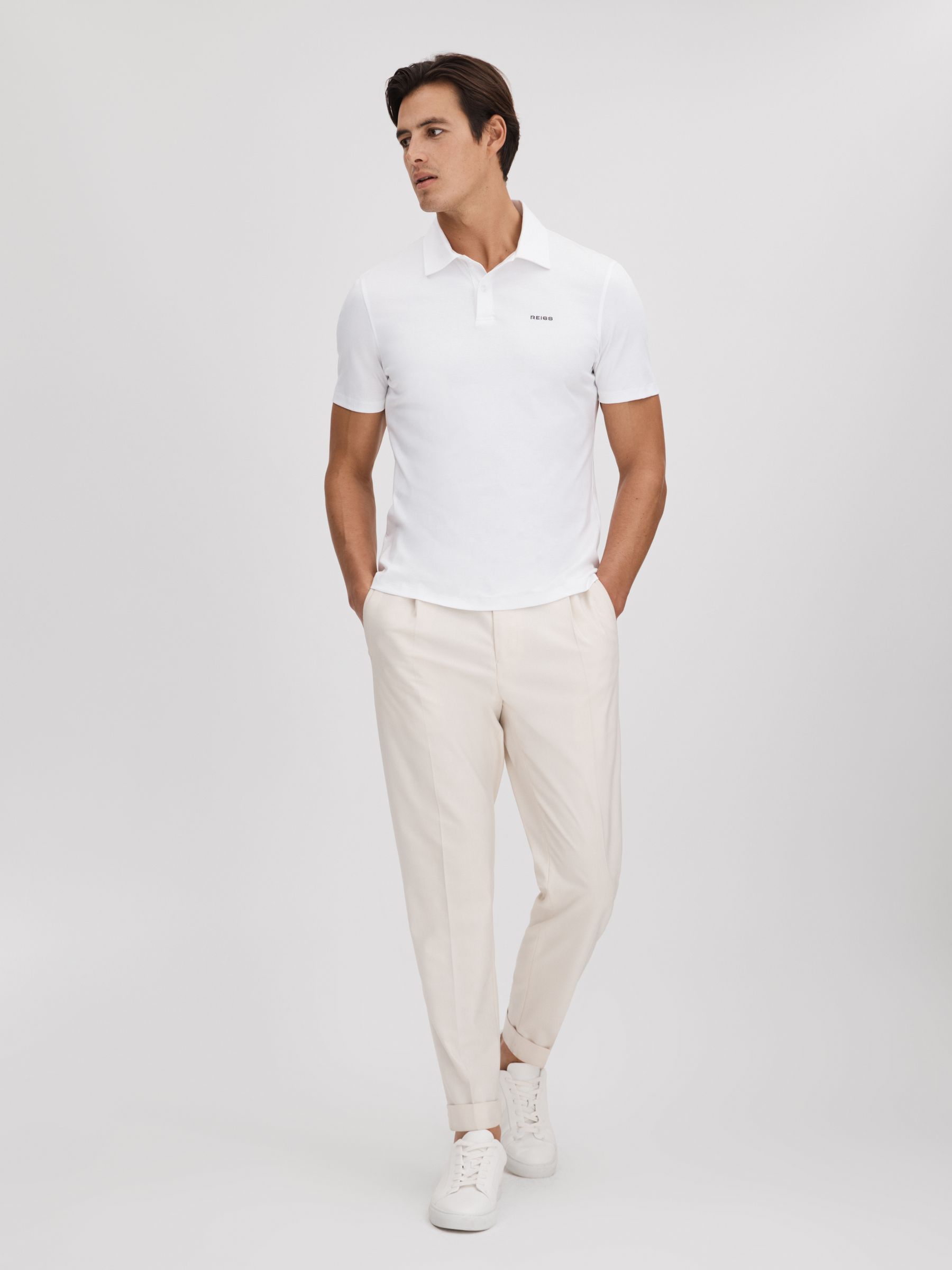 Slim Fit Cotton Polo Shirt in White - Image 3 of 6