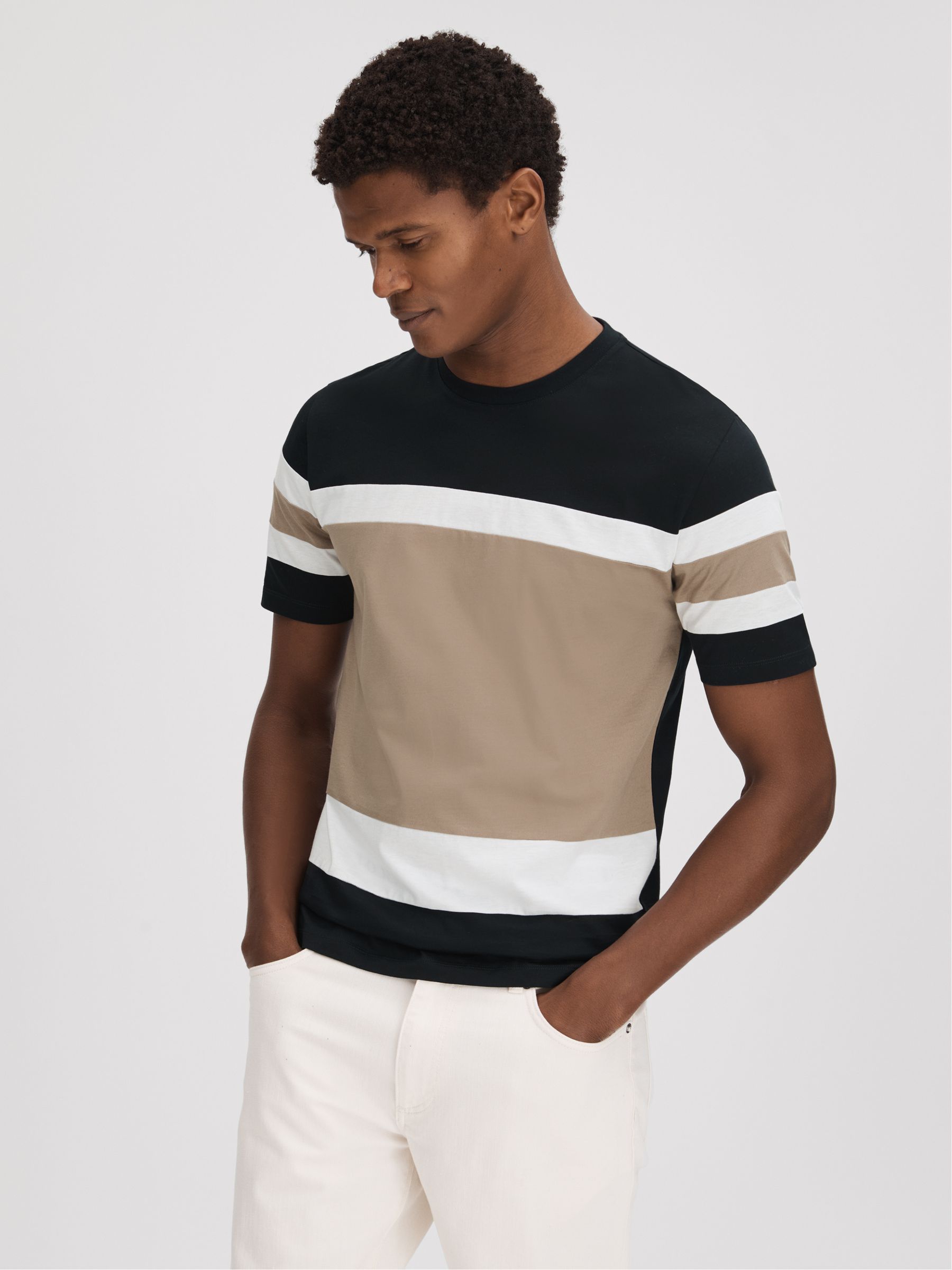 Mercerised Cotton Crew Neck T-Shirt in Navy/Camel - Image 1 of 5