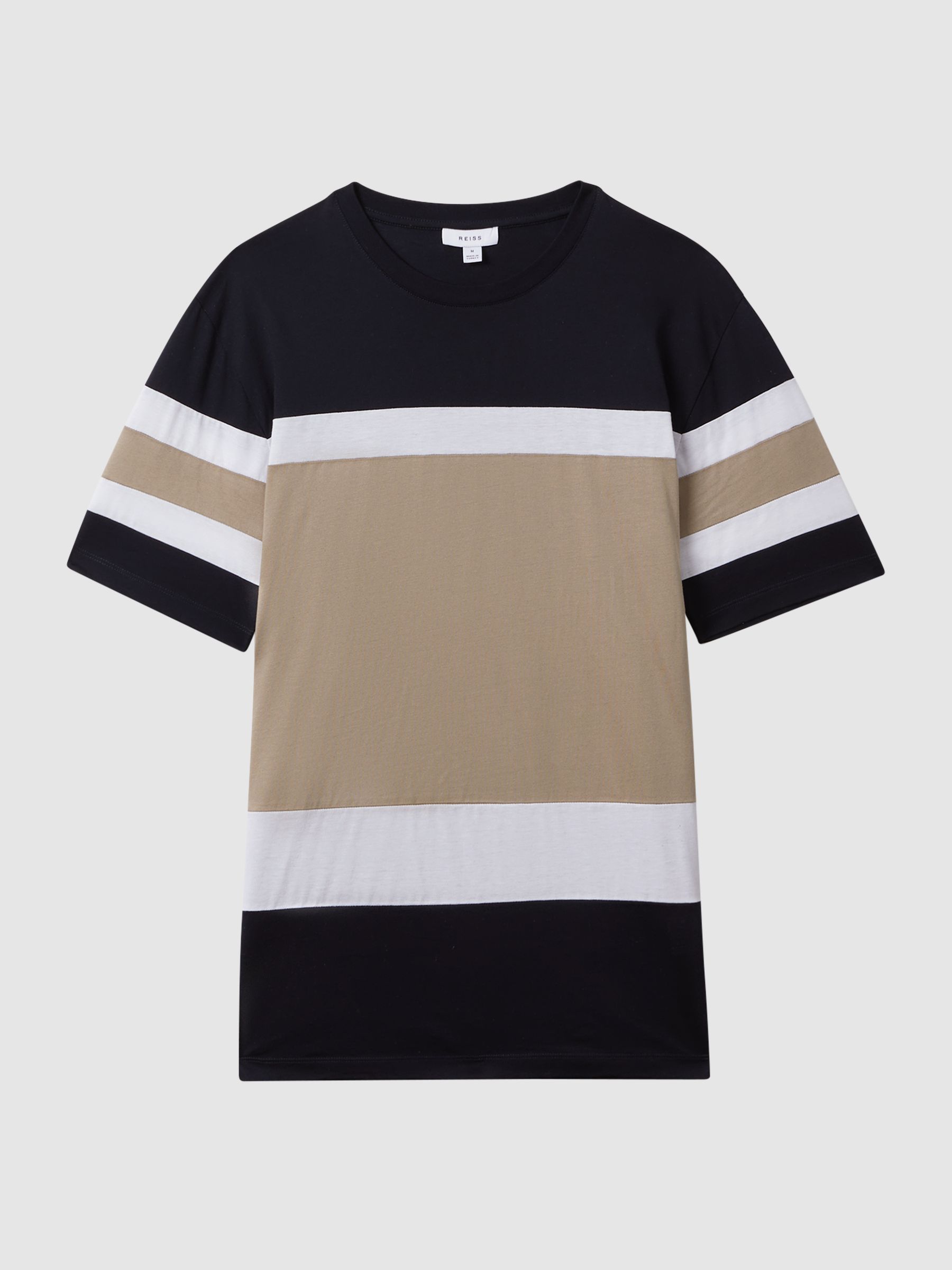 Mercerised Cotton Crew Neck T-Shirt in Navy/Camel - Image 2 of 5