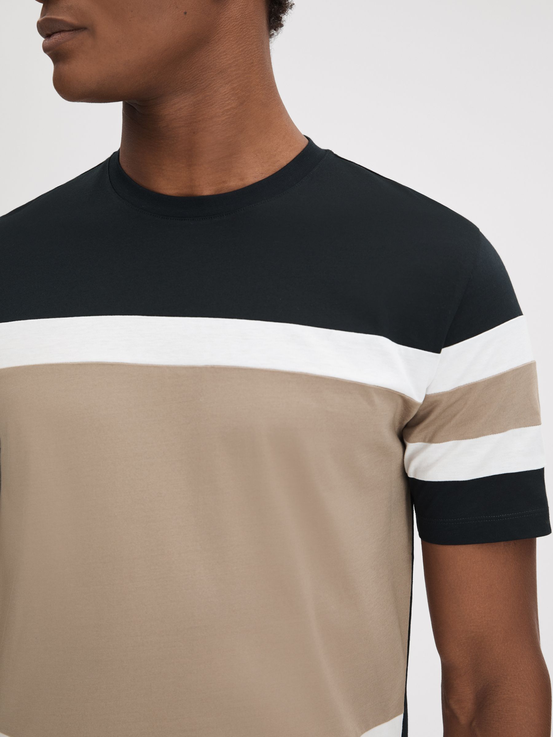 Mercerised Cotton Crew Neck T-Shirt in Navy/Camel - Image 4 of 5