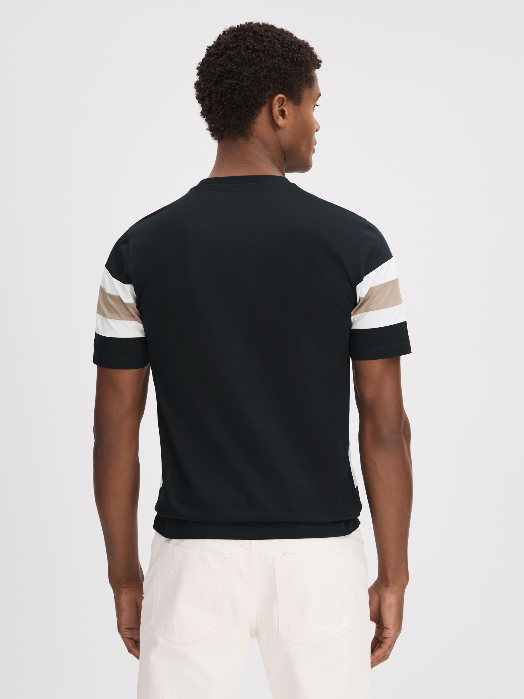 Mercerised Cotton Crew Neck T-Shirt in Navy/Camel - Image 5 of 5