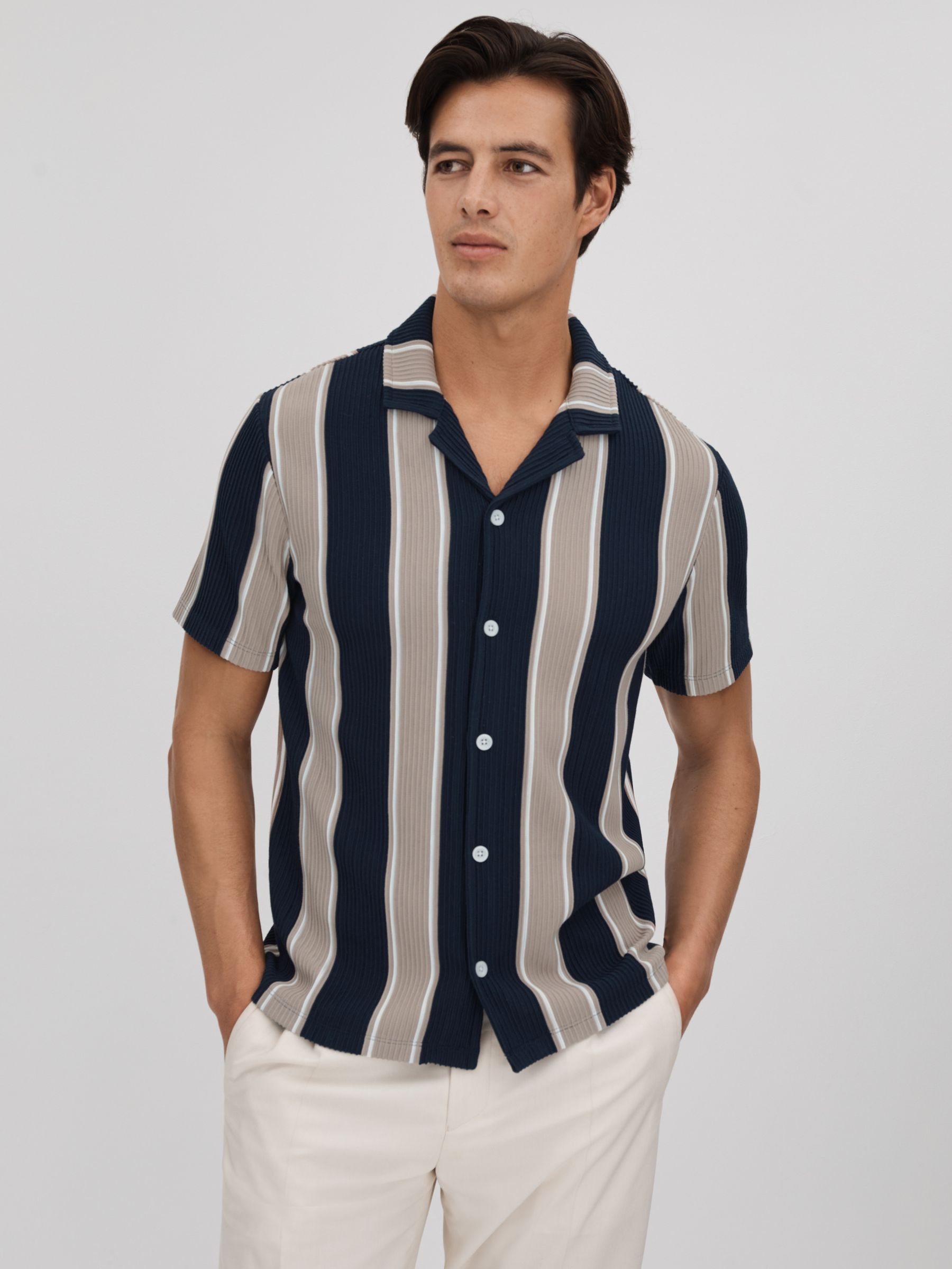 Slim Fit Ribbed Cuban Collar Shirt in Navy/Camel - Image 1 of 6