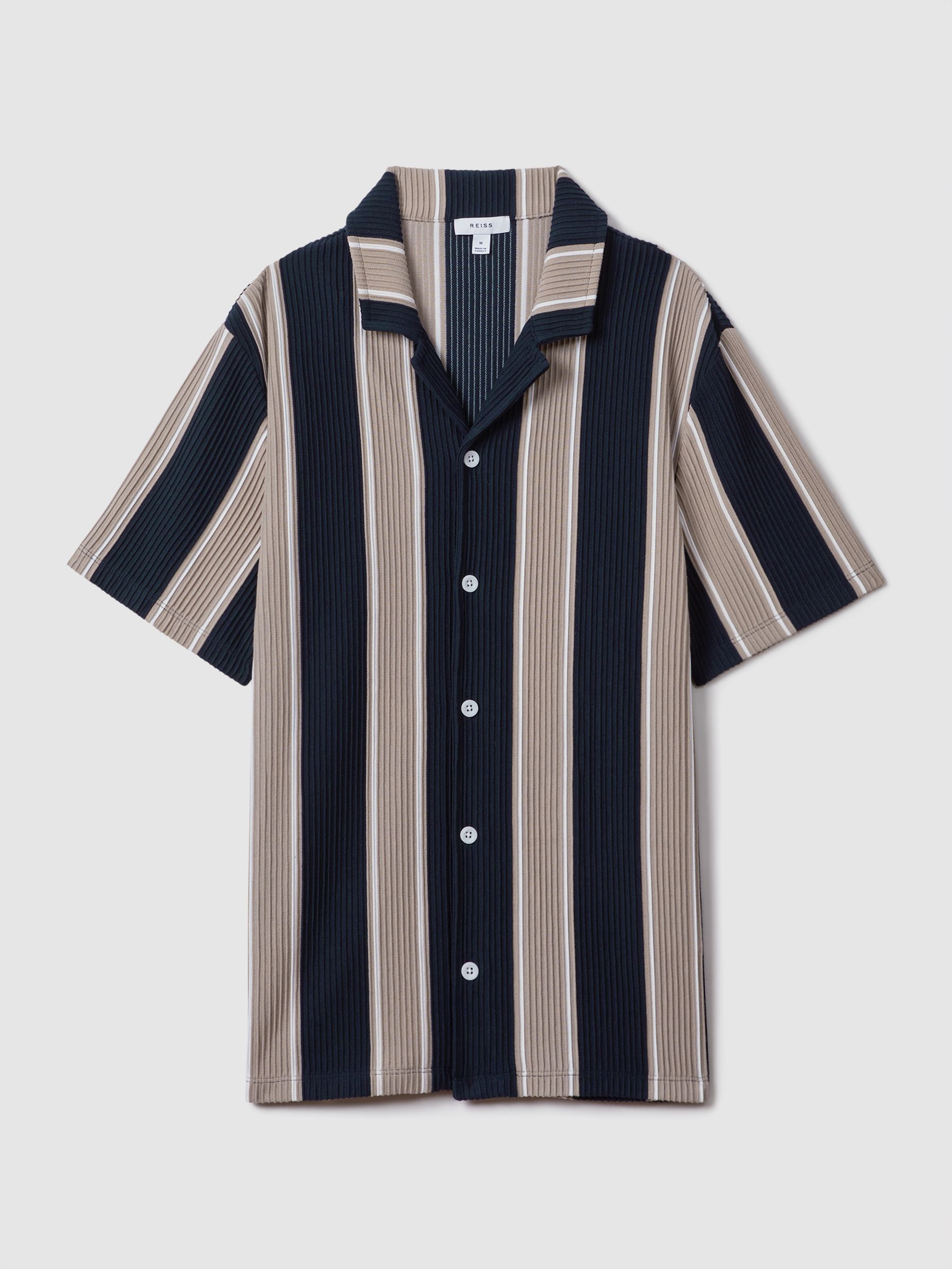 Slim Fit Ribbed Cuban Collar Shirt in Navy/Camel - Image 2 of 6
