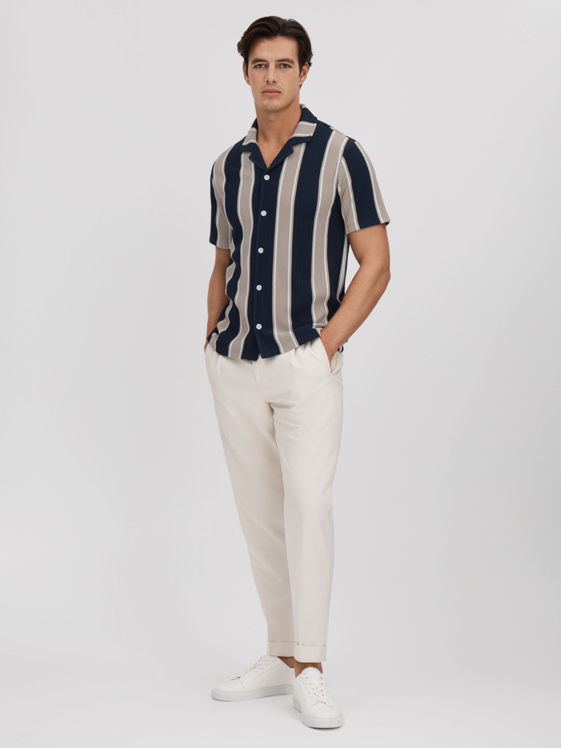 Slim Fit Ribbed Cuban Collar Shirt in Navy/Camel - Image 3 of 6