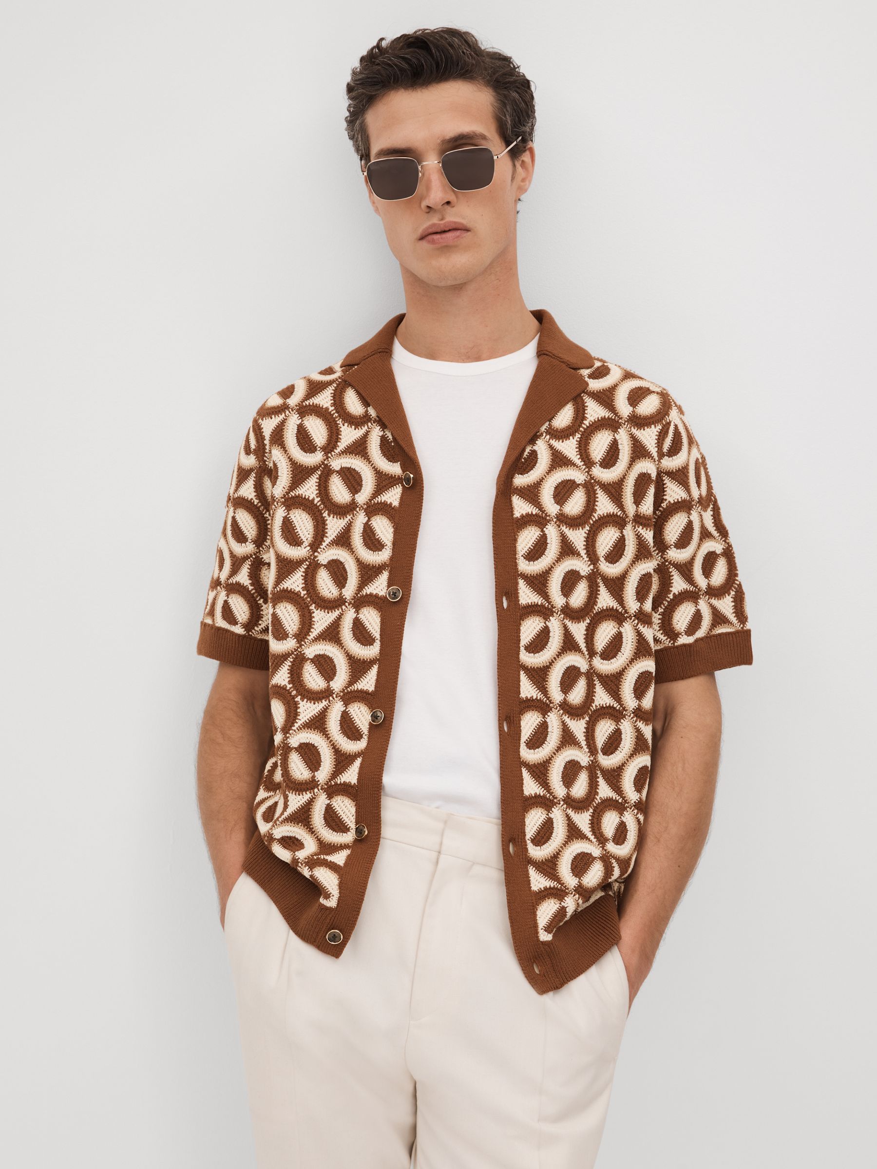 Crochet Cuban Collar Shirt in Tobacco - Image 1 of 7