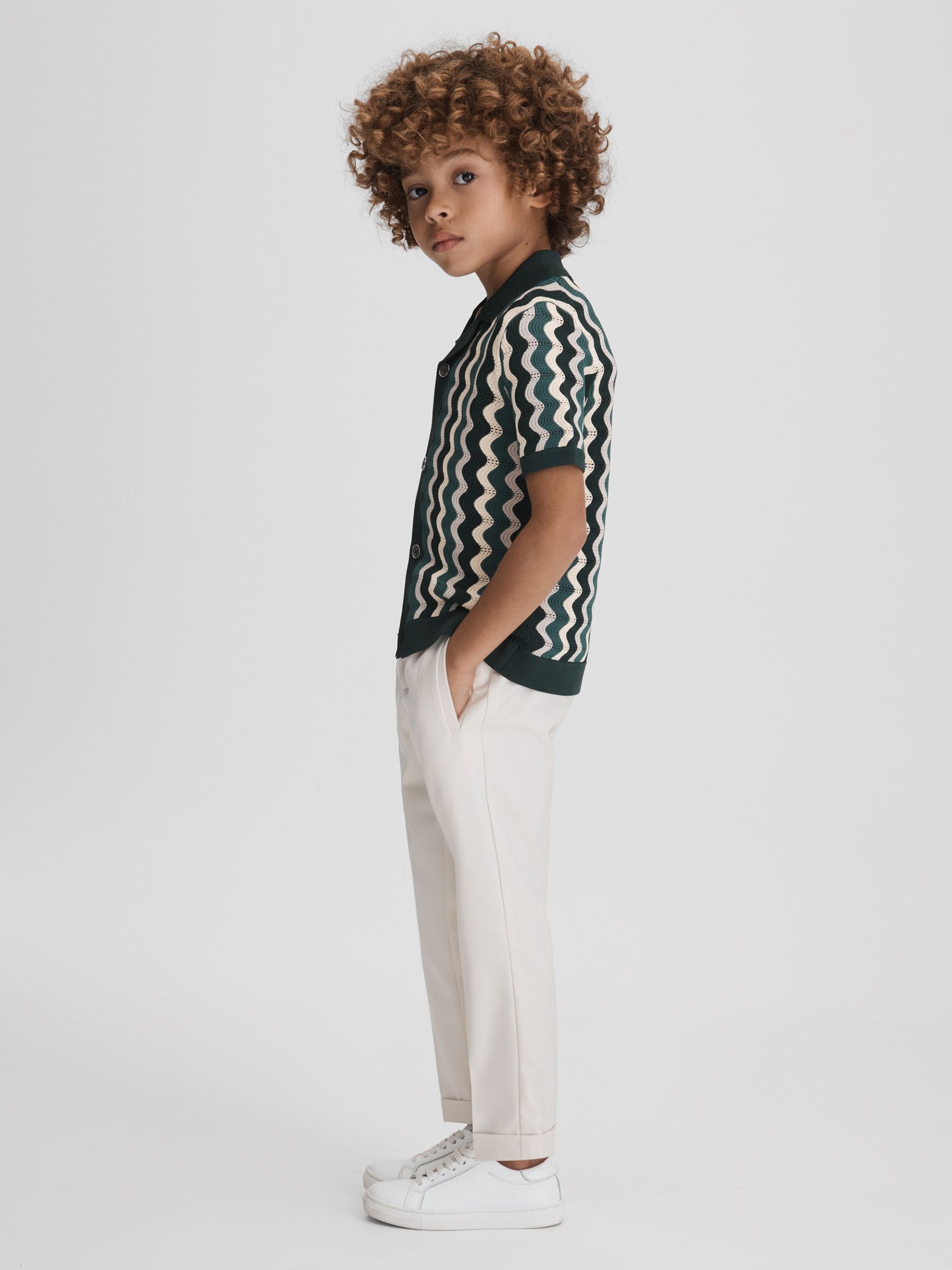 Junior Knitted Cuban Collar Shirt in Green Multi - Image 1 of 6