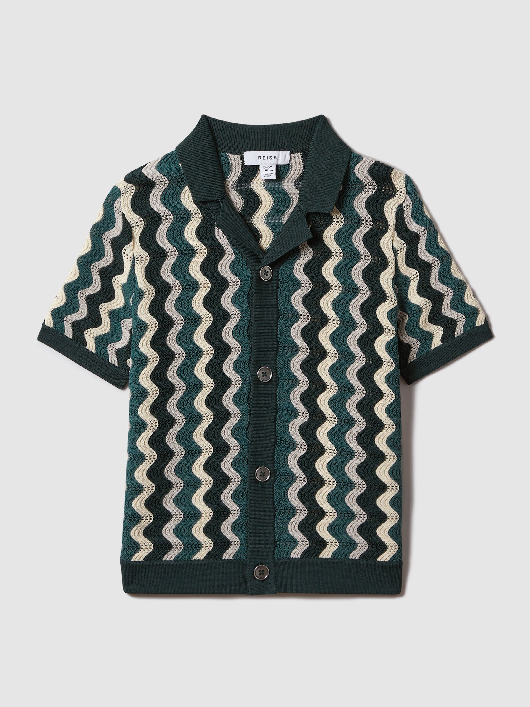 Junior Knitted Cuban Collar Shirt in Green Multi - Image 2 of 6