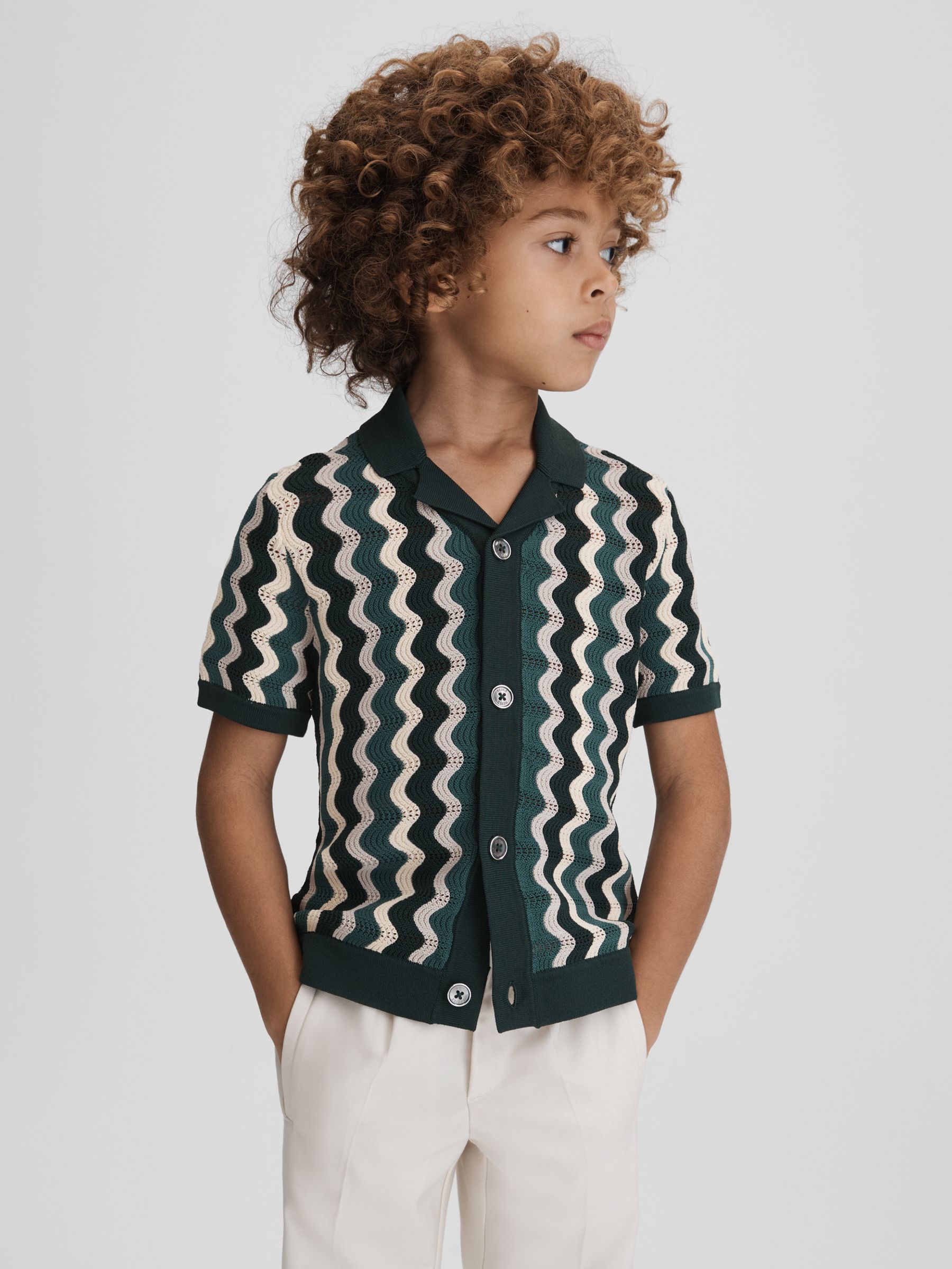 Junior Knitted Cuban Collar Shirt in Green Multi - Image 3 of 6
