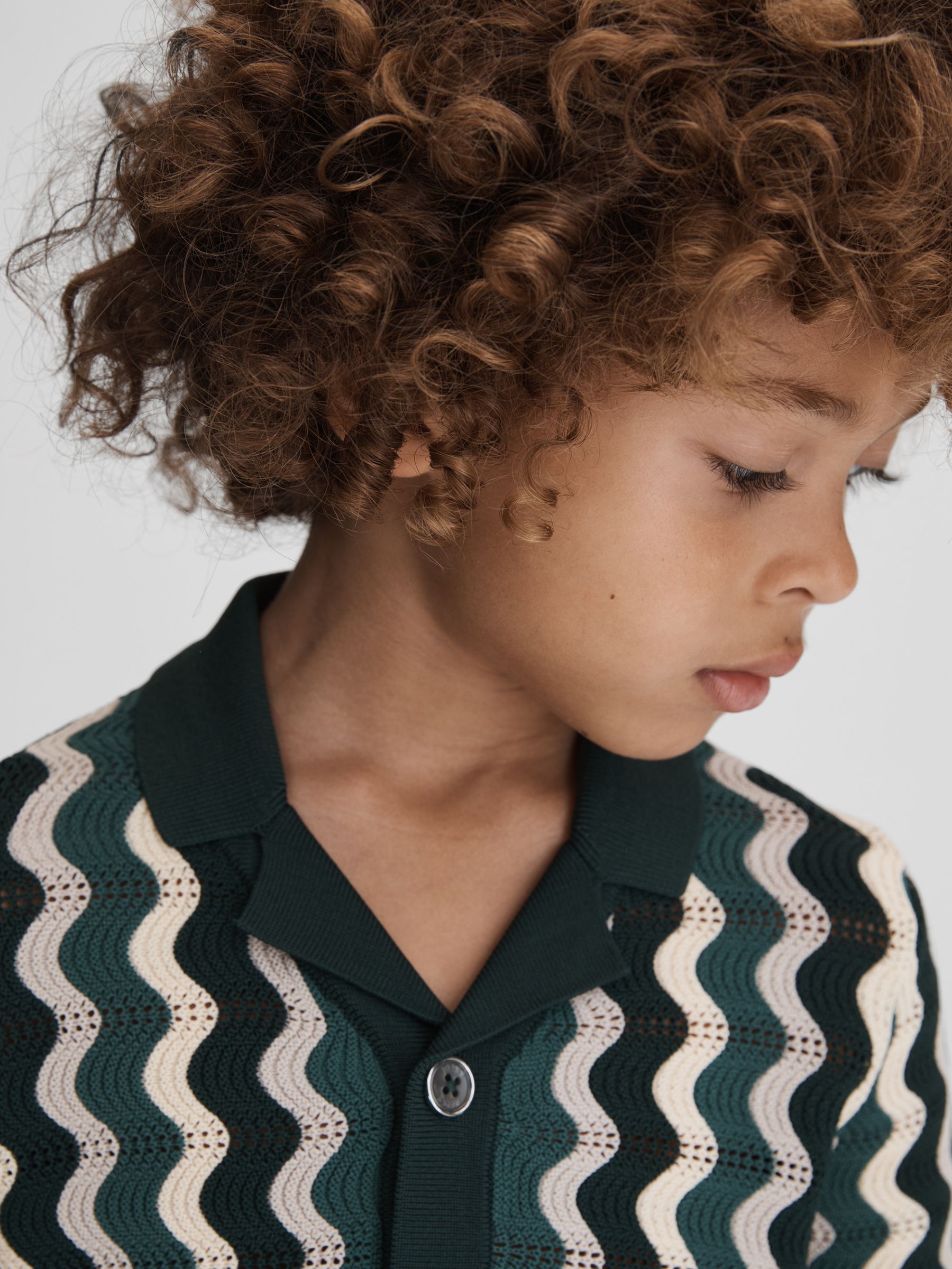 Junior Knitted Cuban Collar Shirt in Green Multi - Image 4 of 6
