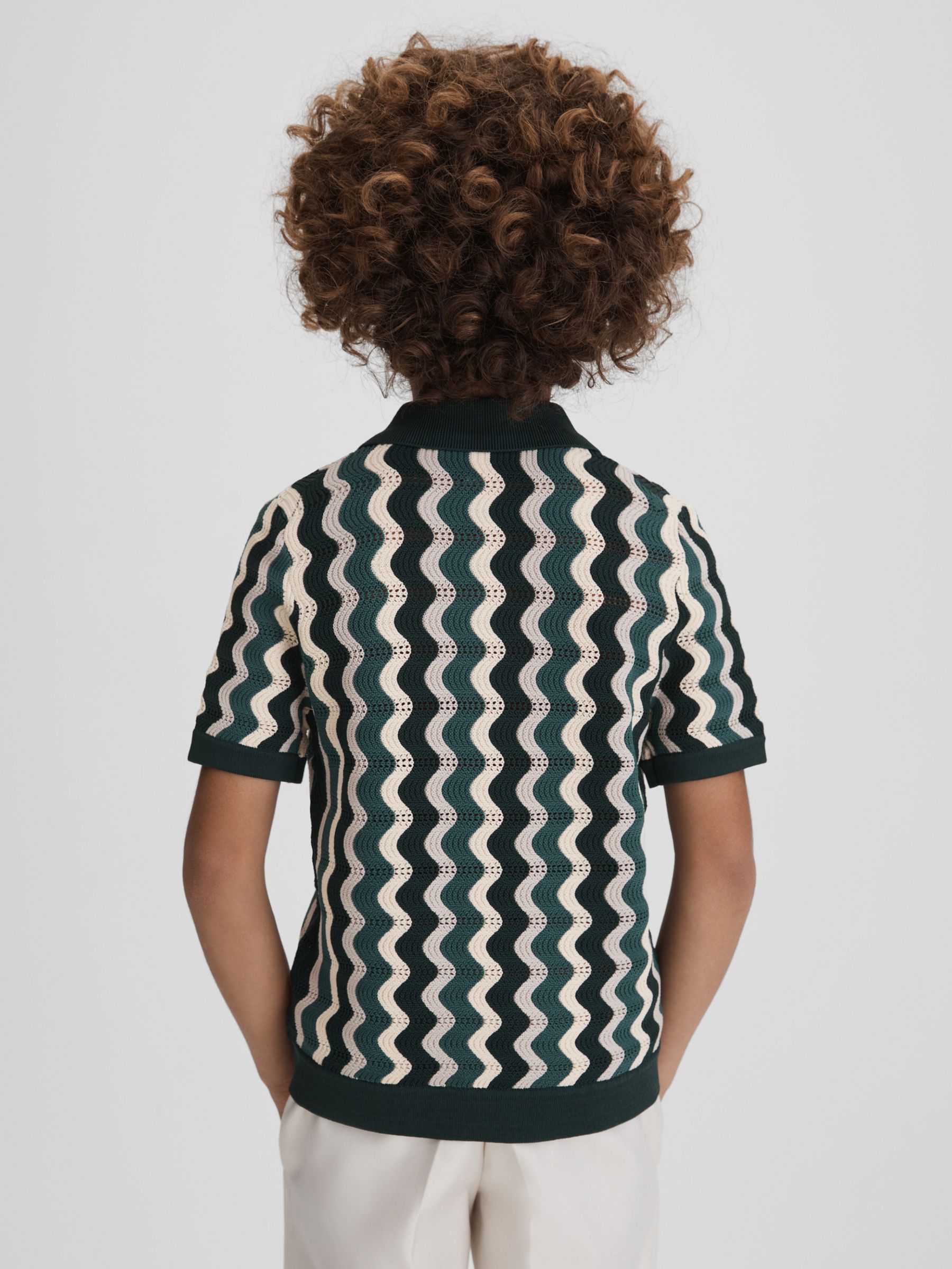 Junior Knitted Cuban Collar Shirt in Green Multi - Image 5 of 6