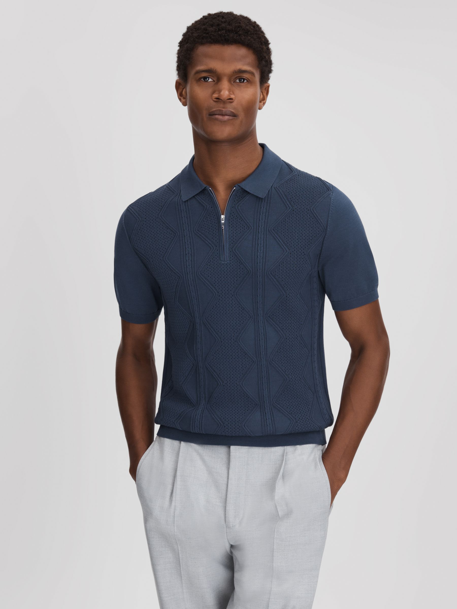 Cotton Half-Zip Polo Shirt in Blue Smoke - Image 1 of 6