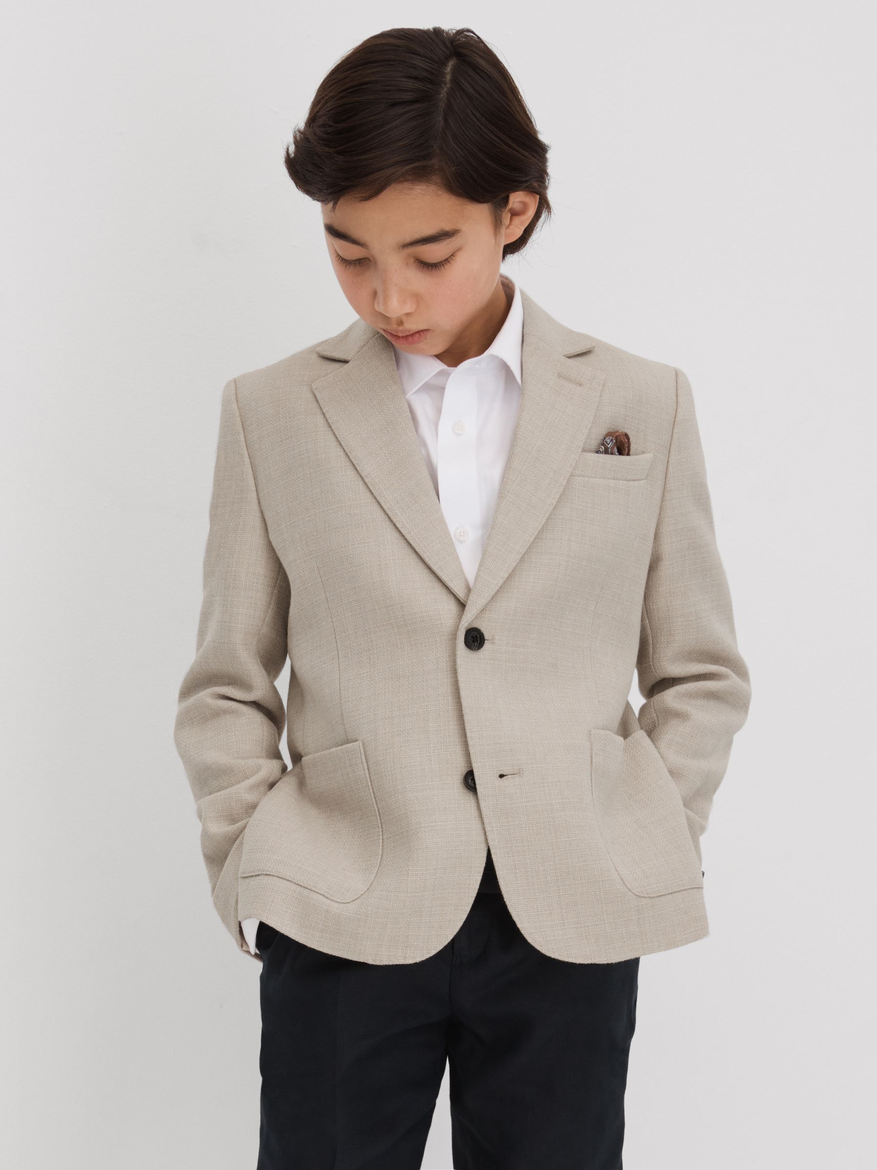 9-13 yrs Textured Wool Blend Single Breasted Blazer in Stone - Image 3 of 4