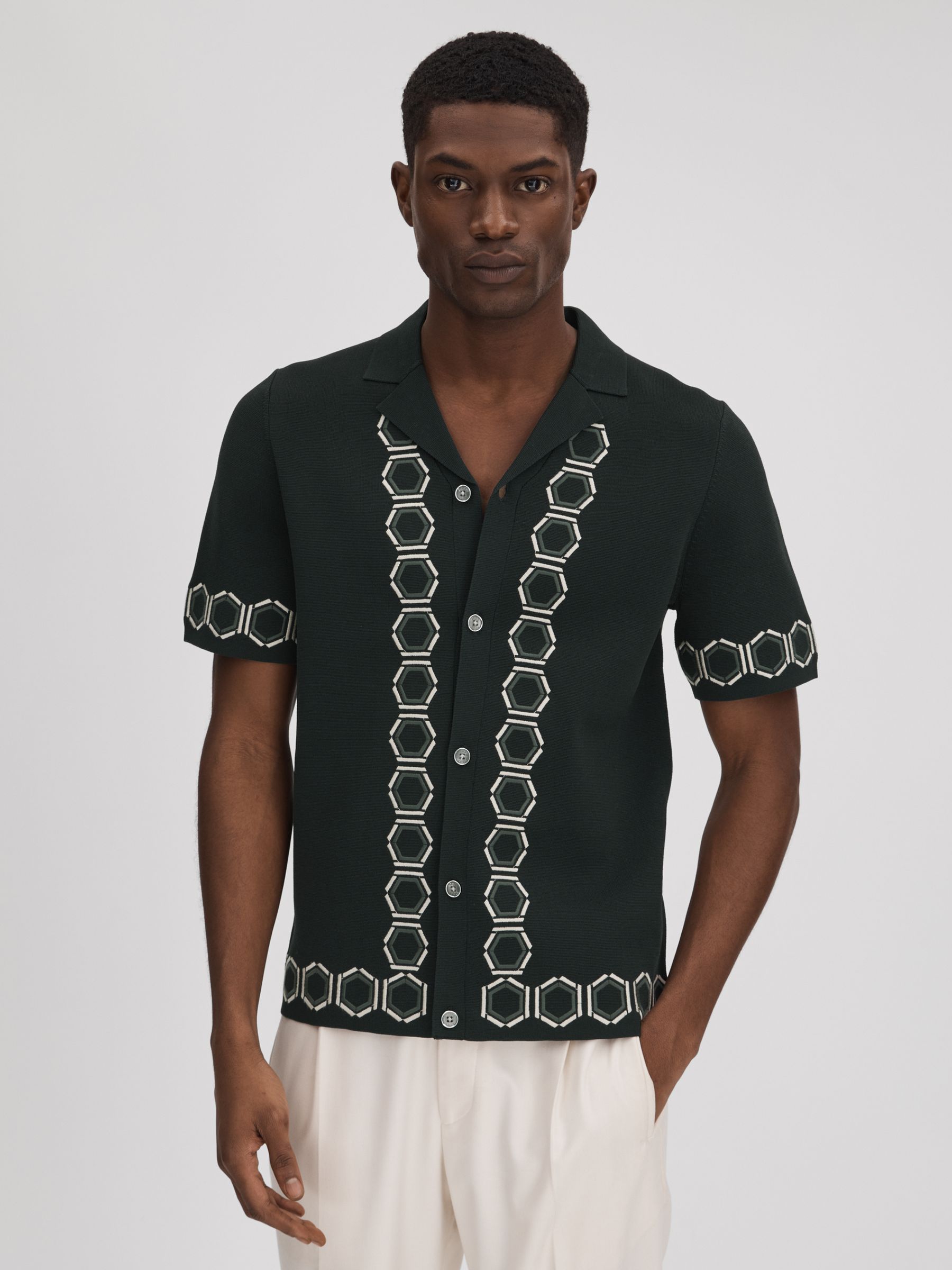 Knitted Cuban Collar Shirt in Hunting Green - Image 1 of 7