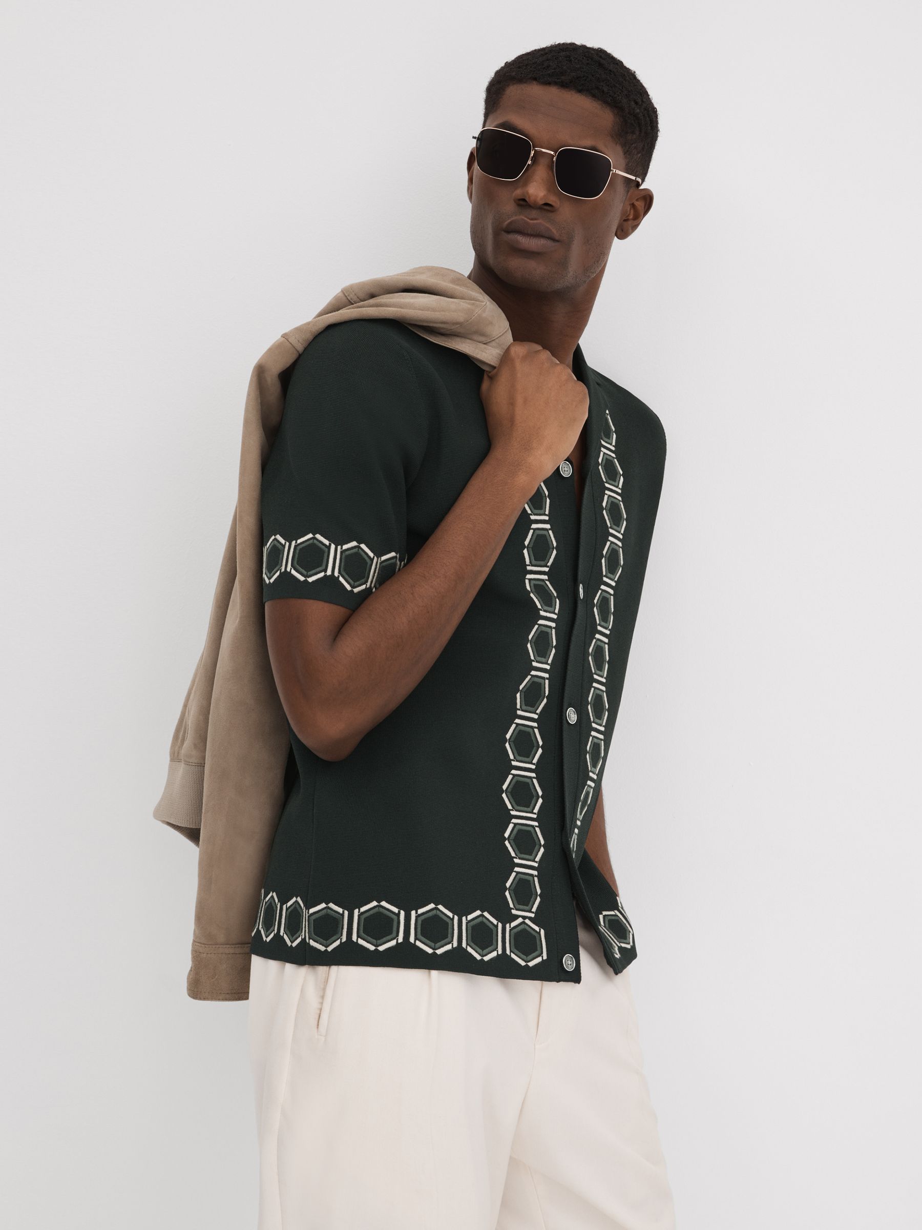 Knitted Cuban Collar Shirt in Hunting Green - Image 6 of 7