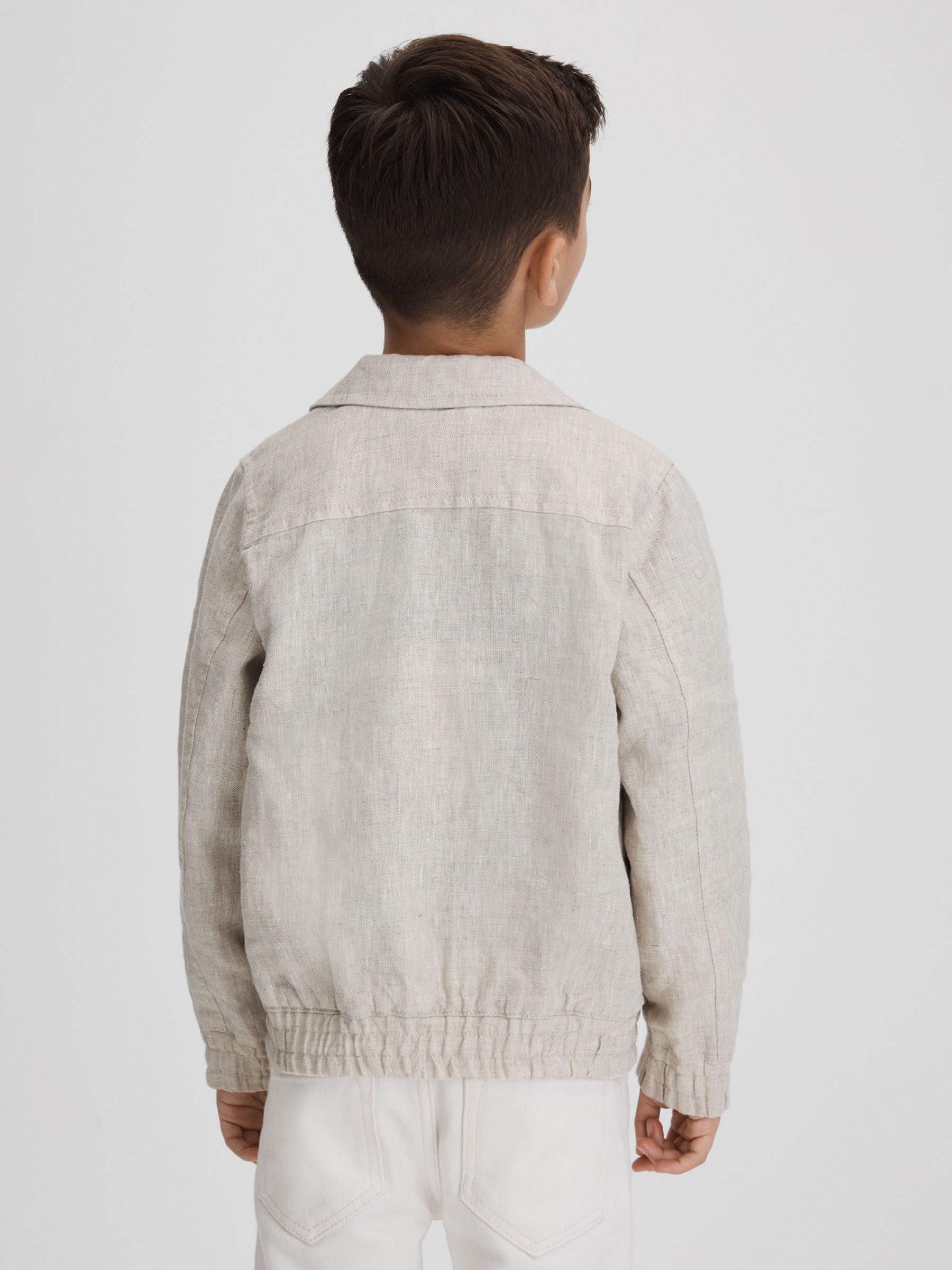 9-13 yrs Linen Elasticated Trim Bomber Jacket in Stone - Image 5 of 6