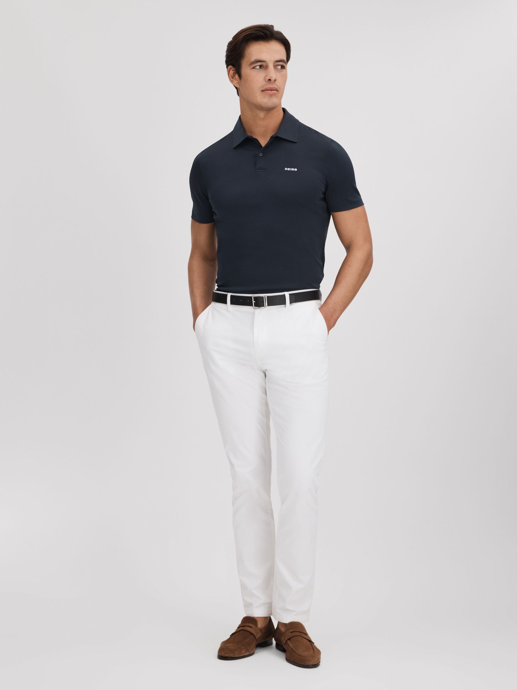 Slim Fit Cotton Polo Shirt in Navy - Image 3 of 6