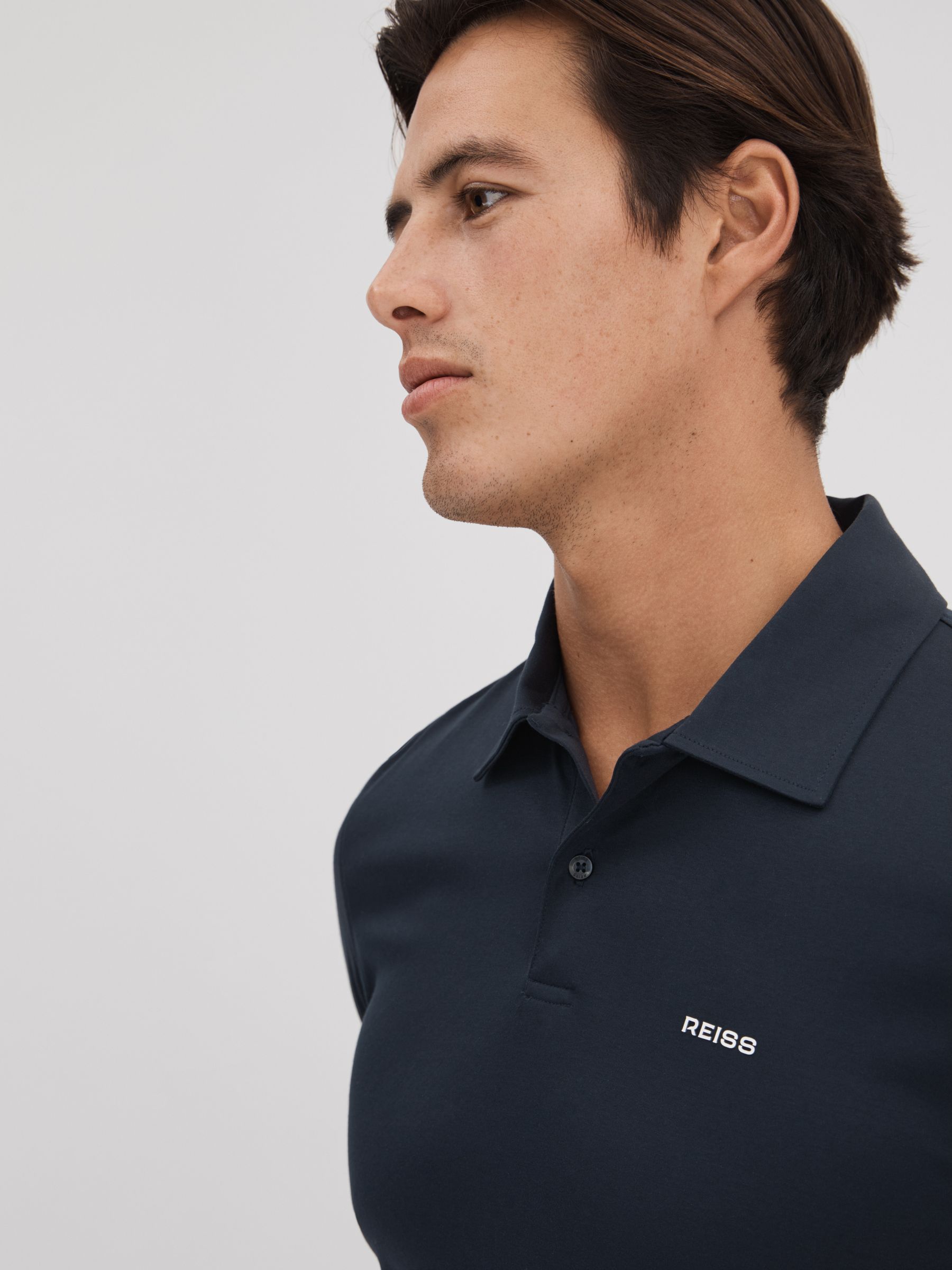 Slim Fit Cotton Polo Shirt in Navy - Image 4 of 6