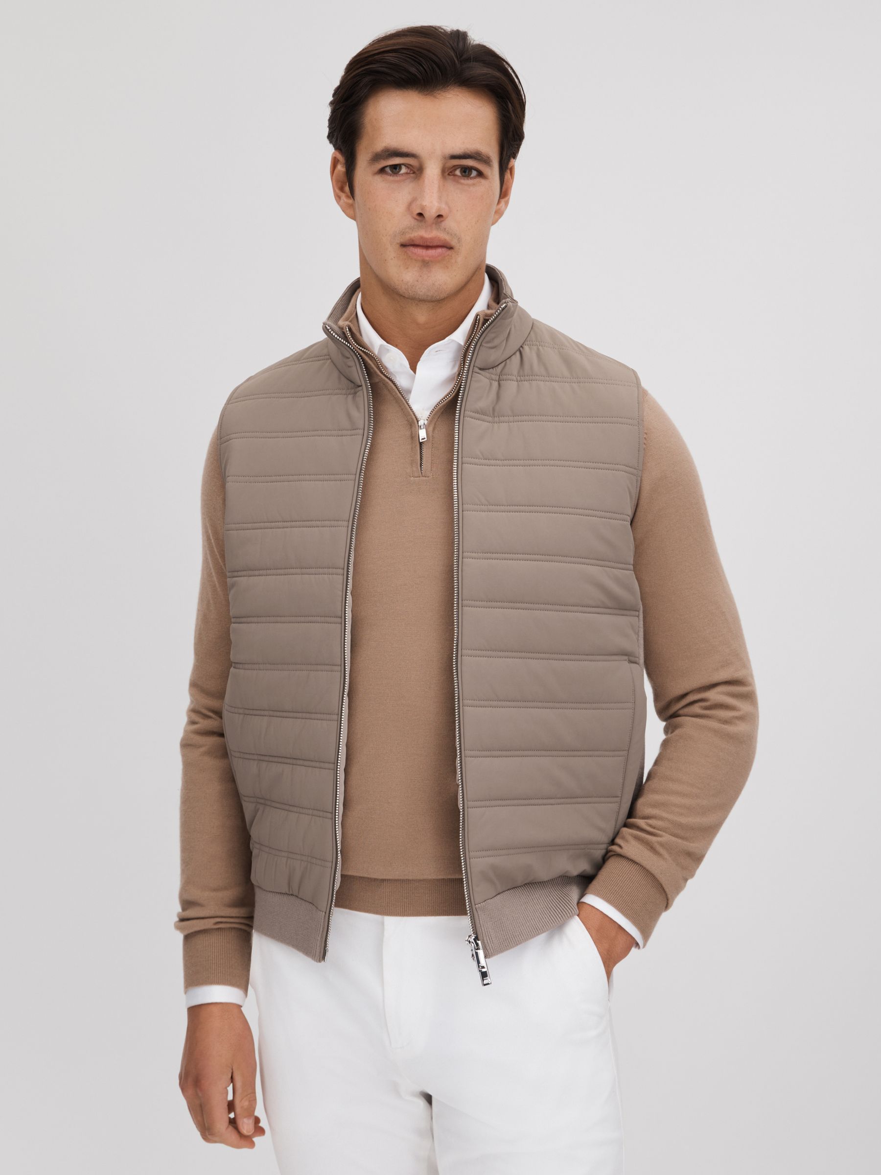 Hybrid Quilt and Knit Zip-Through Gilet in Mink - Image 1 of 6