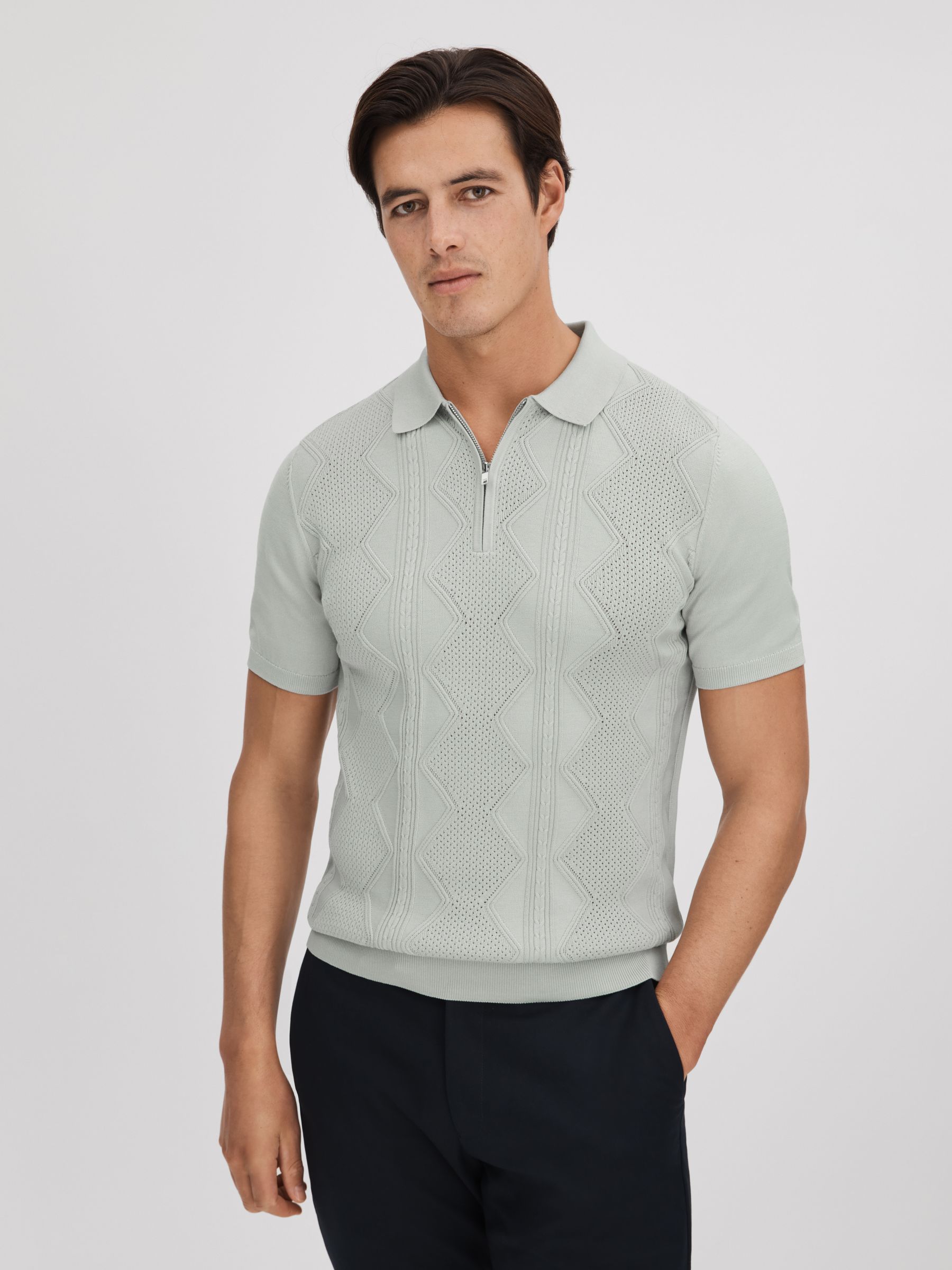 Cotton Half-Zip Polo Shirt in Pistachio - Image 1 of 5