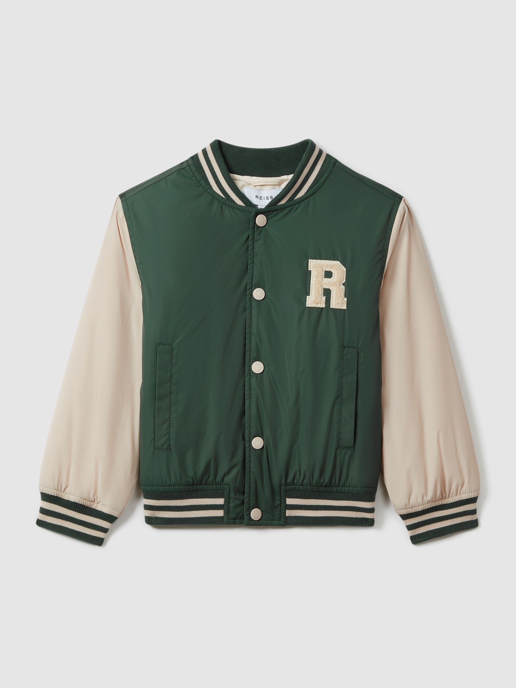 3-9 yrs Colourblock Varsity Bomber Jacket With Linen in Airforce Blue/Stone - Image 2 of 4