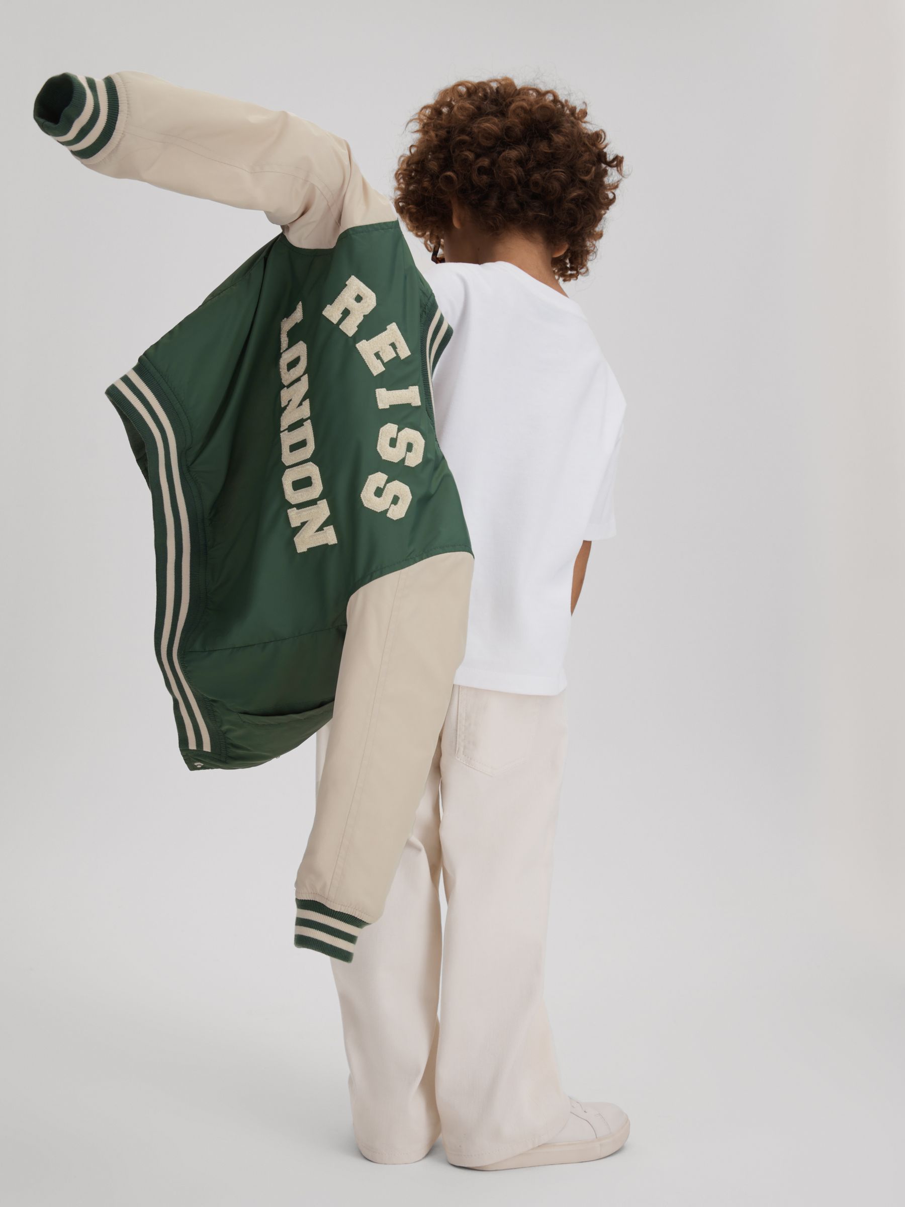 3-9 yrs Colourblock Varsity Bomber Jacket With Linen in Airforce Blue/Stone - Image 3 of 4