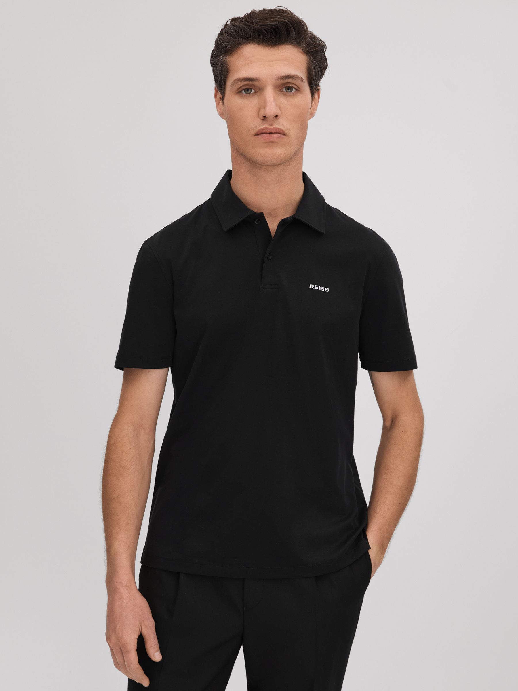 Slim Fit Cotton Polo Shirt in Black - Image 1 of 6