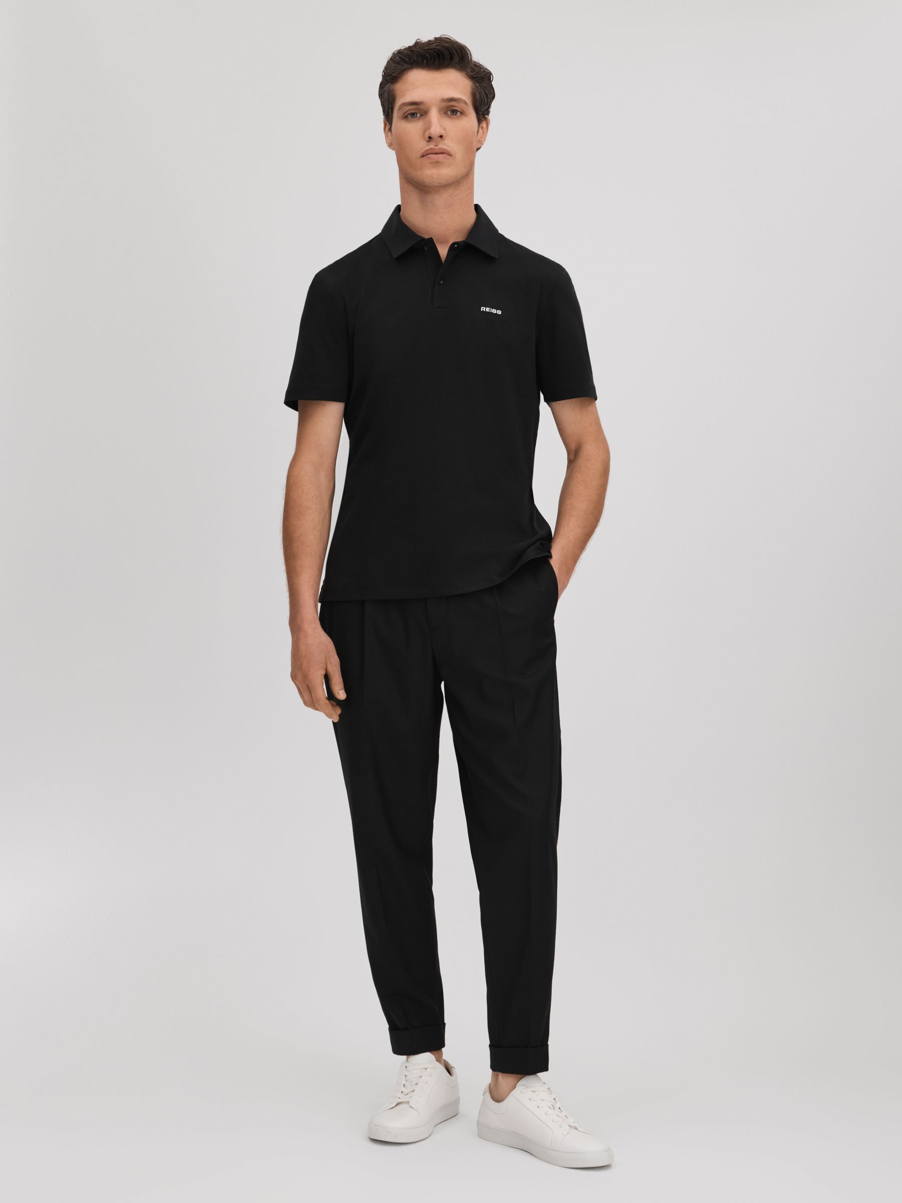 Slim Fit Cotton Polo Shirt in Black - Image 3 of 6