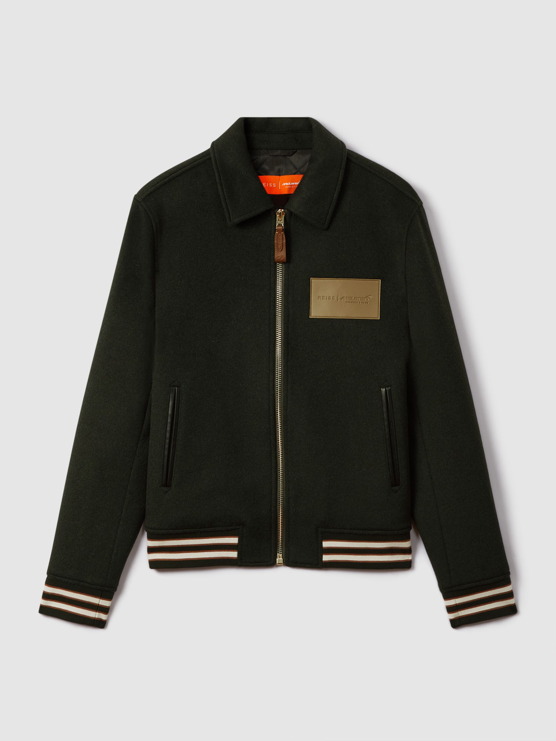 McLaren F1 Wool Blend Leather Patch Varsity Bomber Jacket in Dark Green - Image 2 of 9