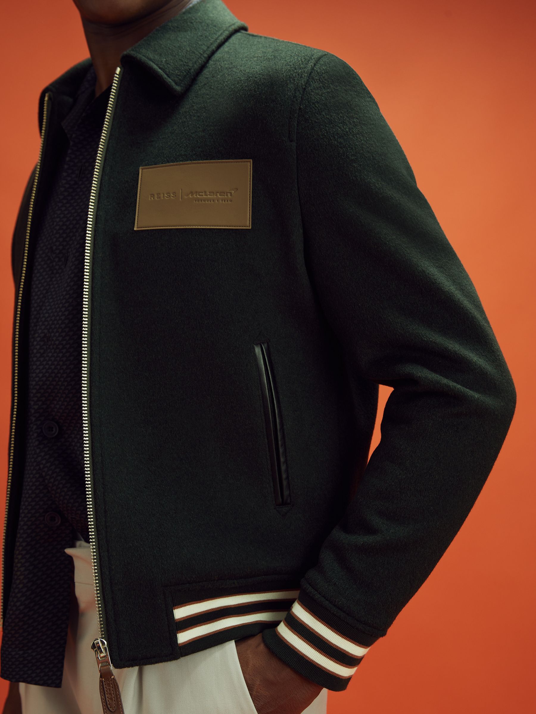 McLaren F1 Wool Blend Leather Patch Varsity Bomber Jacket in Dark Green - Image 4 of 9