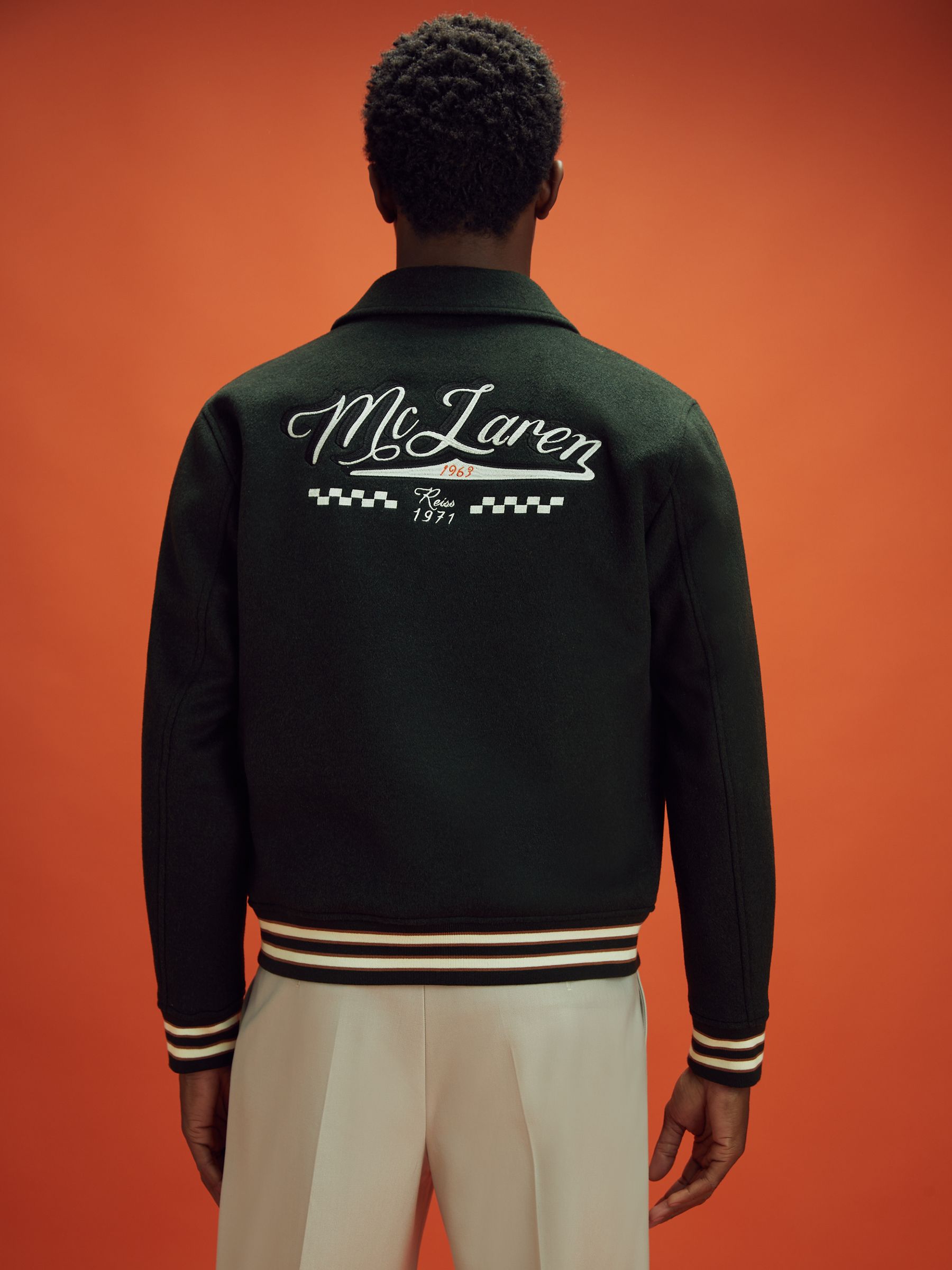 McLaren F1 Wool Blend Leather Patch Varsity Bomber Jacket in Dark Green - Image 5 of 9