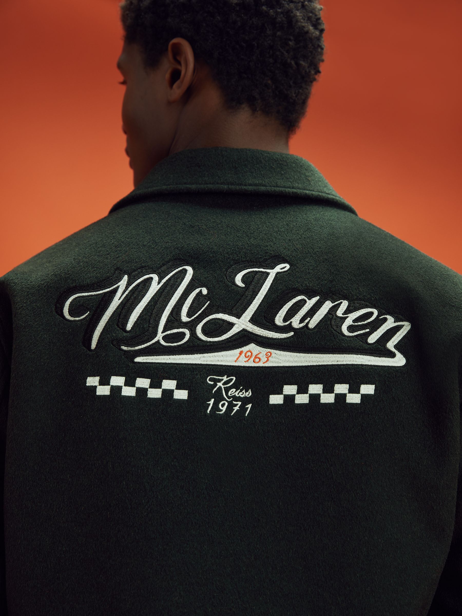 McLaren F1 Wool Blend Leather Patch Varsity Bomber Jacket in Dark Green - Image 6 of 9