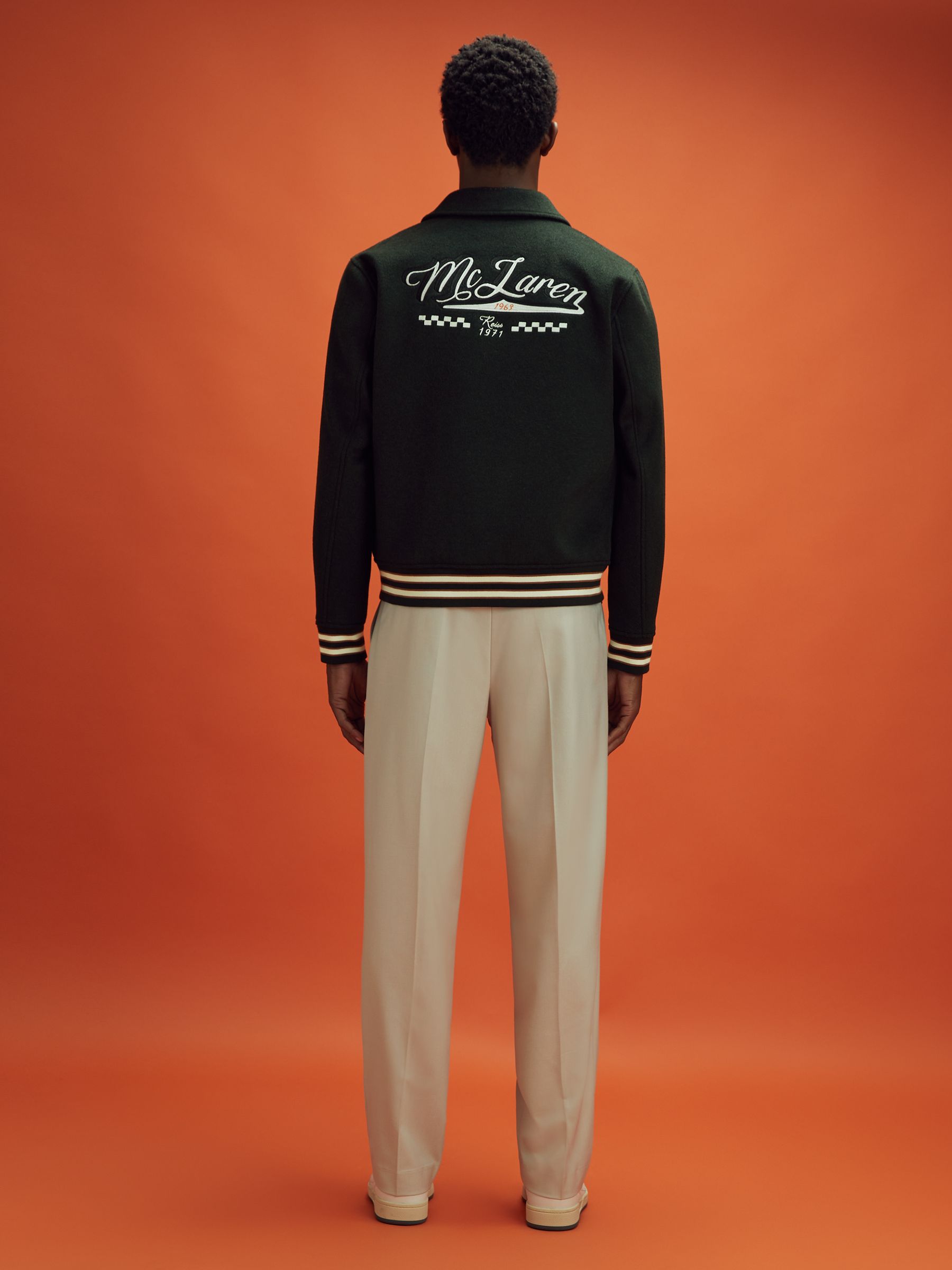McLaren F1 Wool Blend Leather Patch Varsity Bomber Jacket in Dark Green - Image 7 of 9