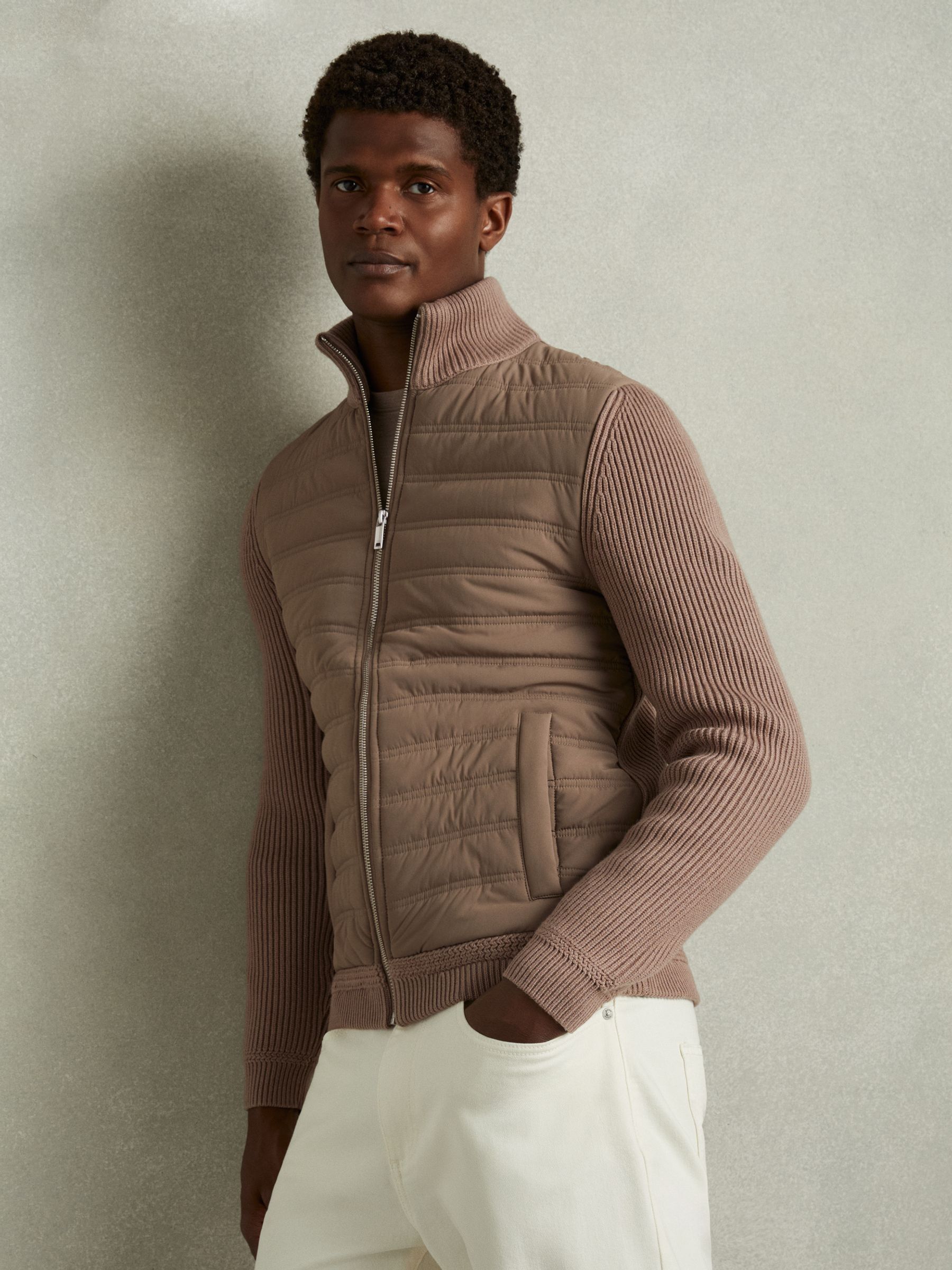 Hybrid Quilt and Knit Zip-Through Jacket in Mink - Image 1 of 6 Hybrid Quilt and Knit Zip-Through Jacket in Mink - Image 1 of 6