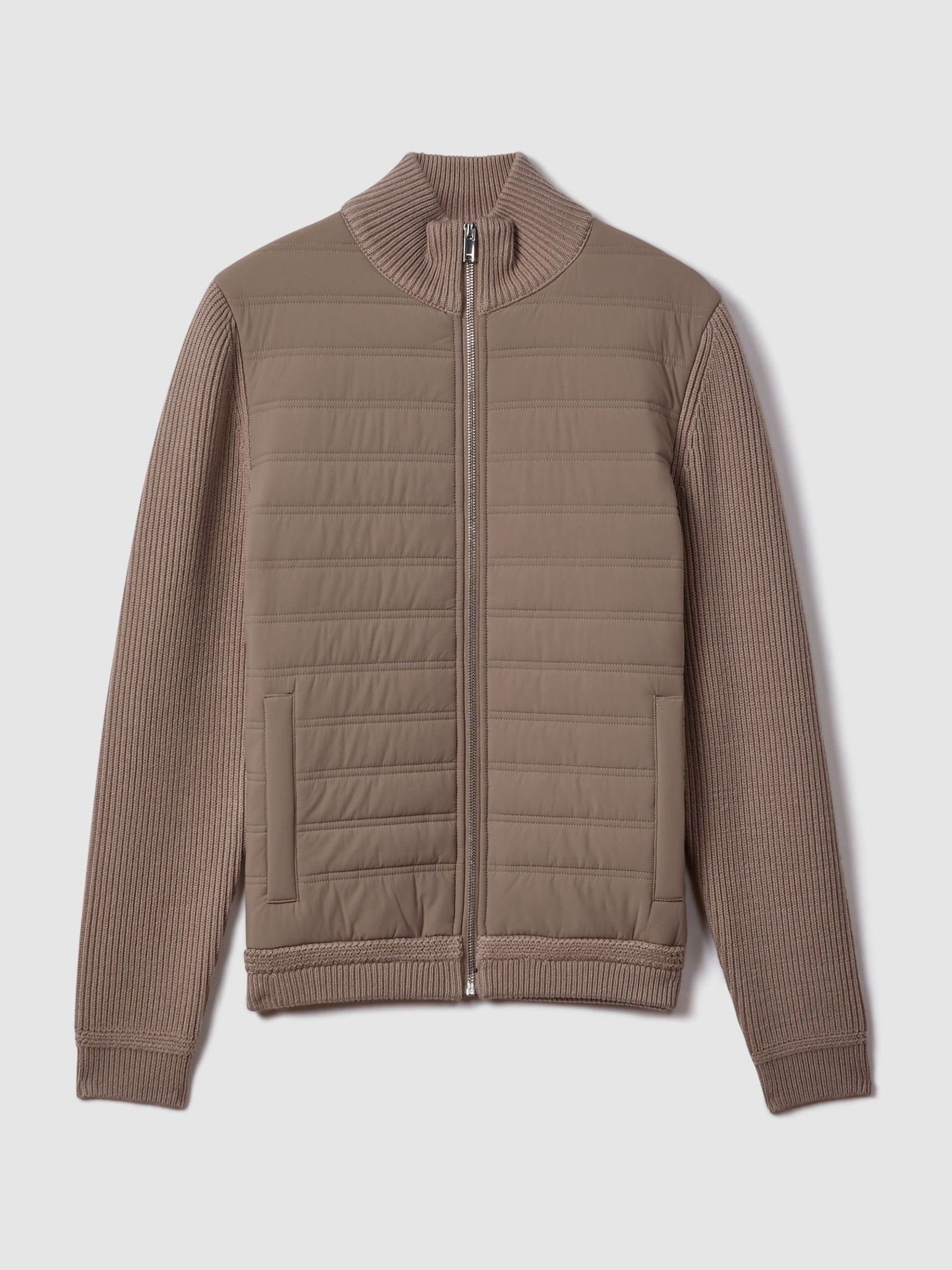 Reiss Hybrid Quilt and Knit Zip-Through Jacket in Mink | REISS