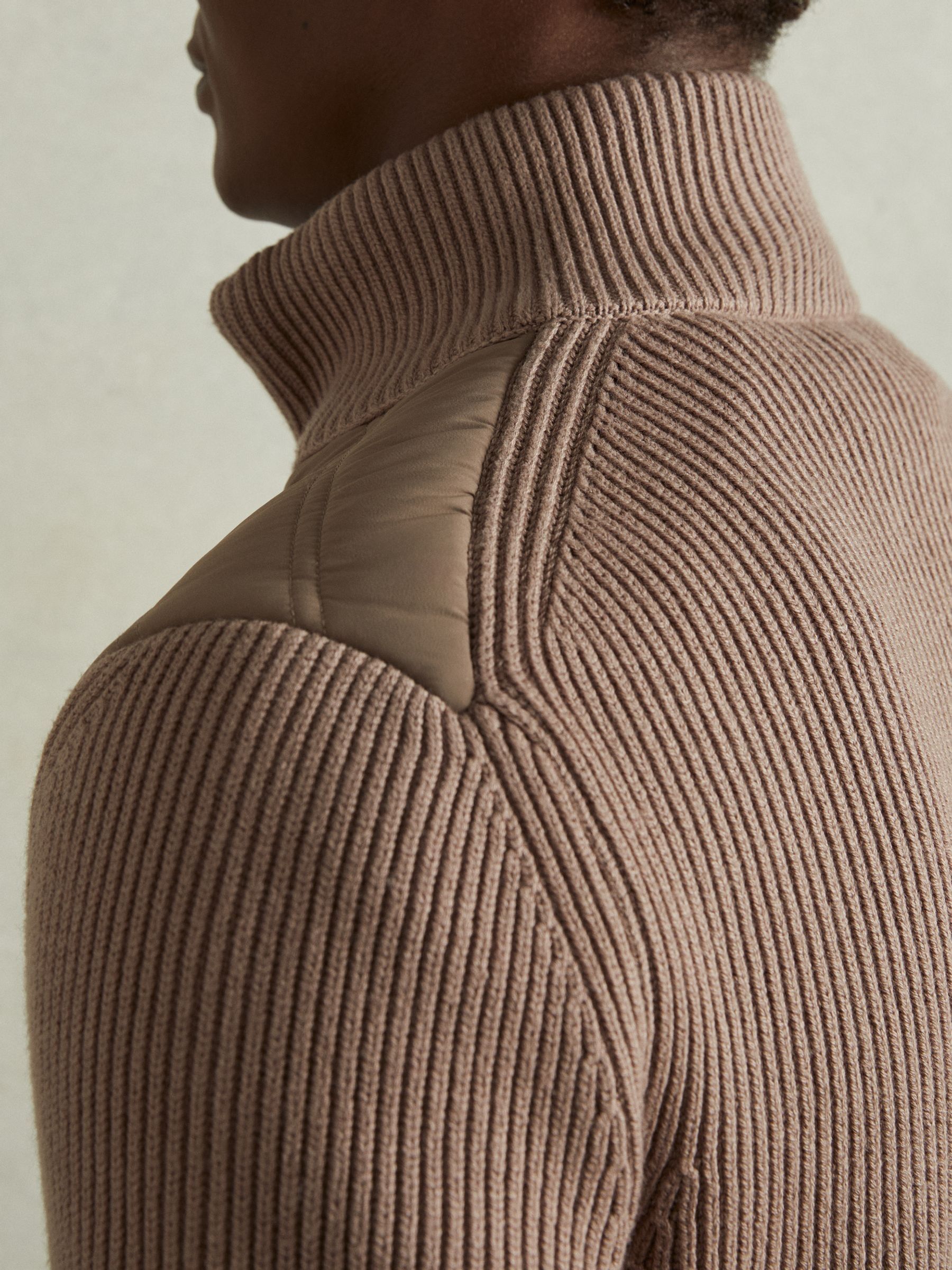Reiss Hybrid Quilt and Knit Zip-Through Jacket in Mink | REISS