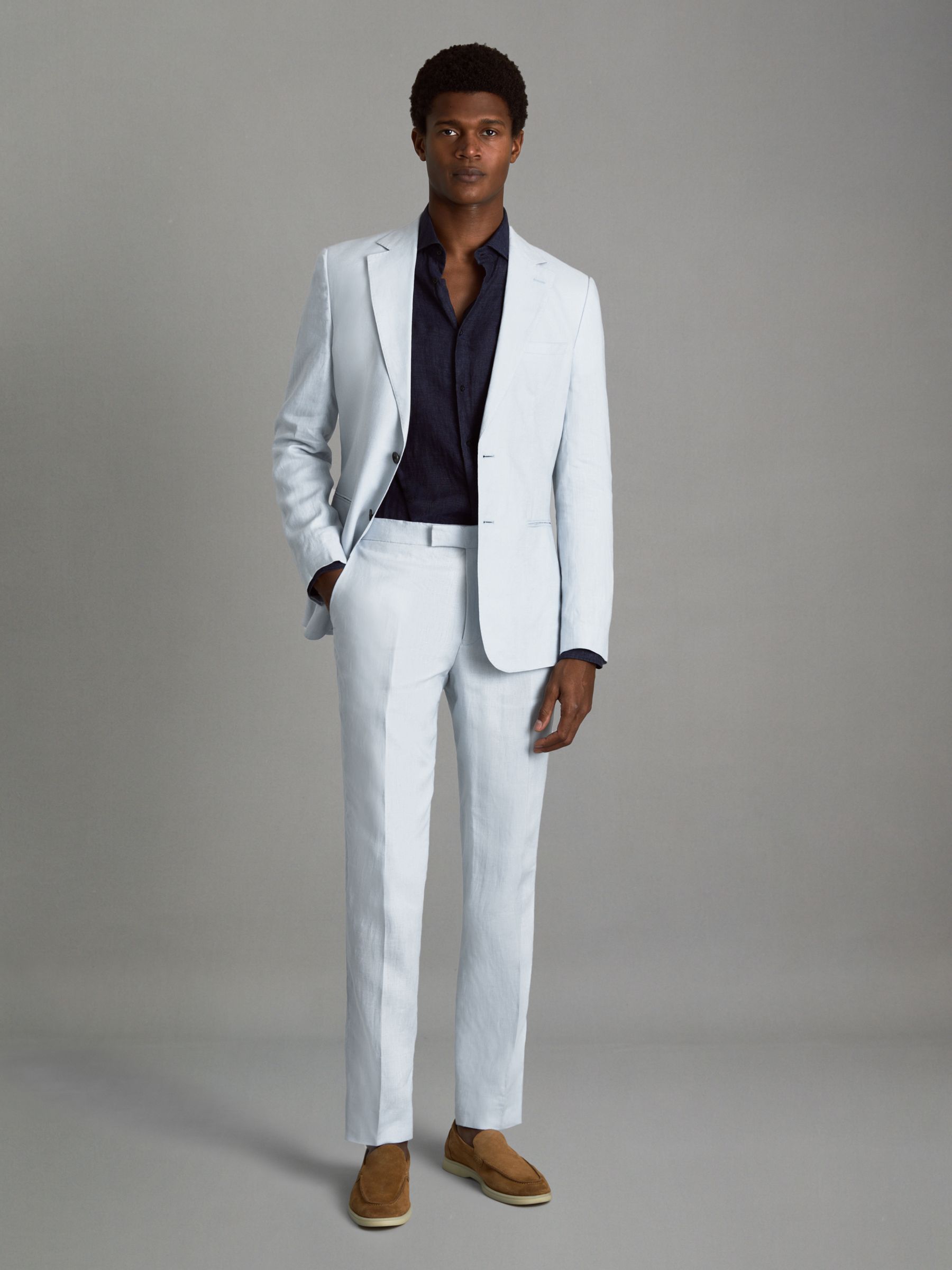 Slim Fit Linen Trousers in Soft Blue - Image 3 of 6